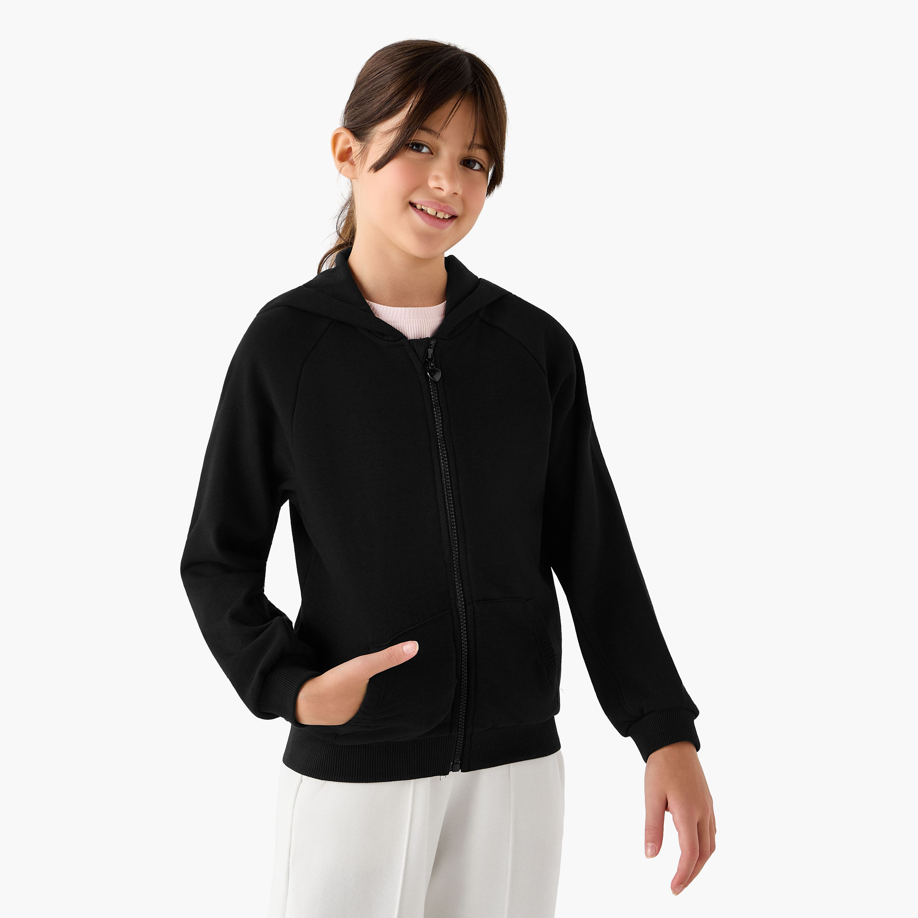 Juniors Solid Zip-Through Hoodie with Long Sleeves-girls-clothing-schoolwear-jacketsandcoats-image-1