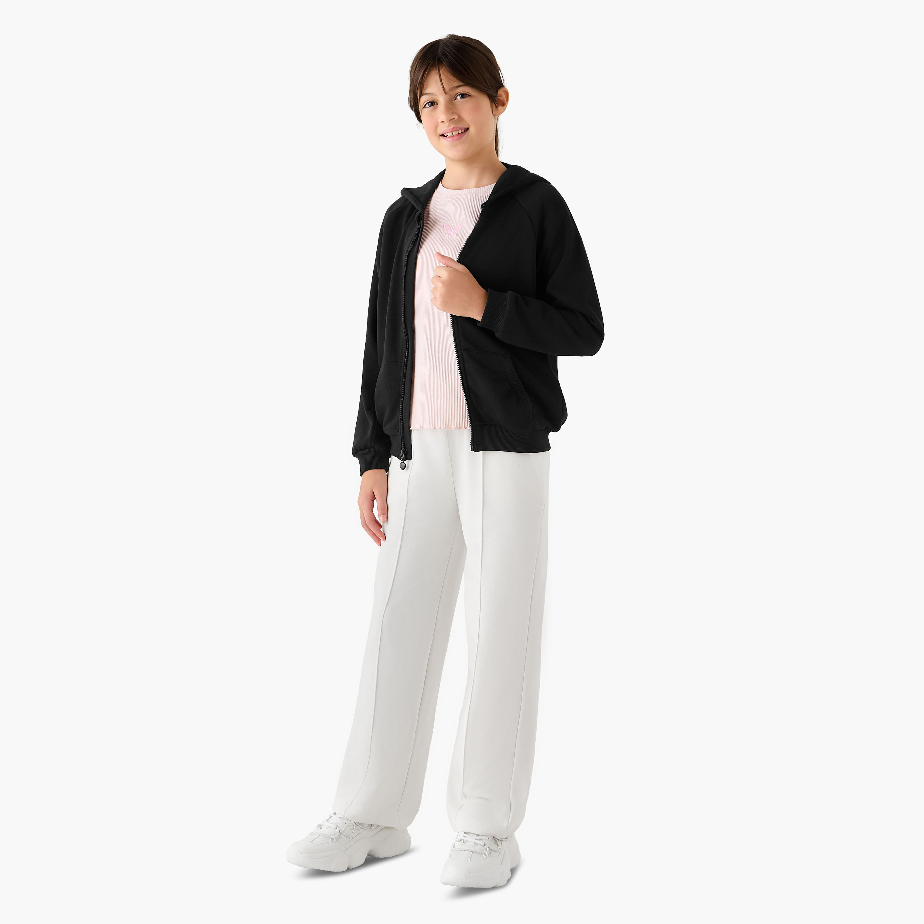 Juniors Solid Zip-Through Hoodie with Long Sleeves-girls-clothing-schoolwear-jacketsandcoats-image-2