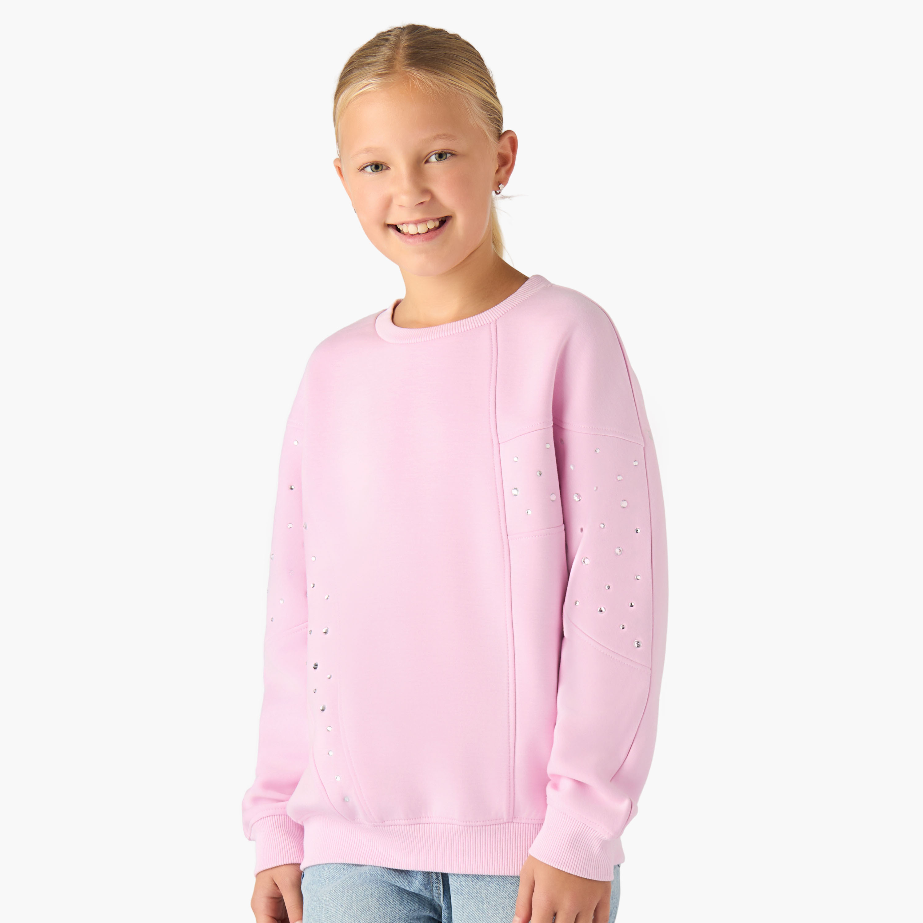 Juniors Embellished Sweatshirt with Long Sleeves-girls-clothing-winterwear-sweatshirts-image-1