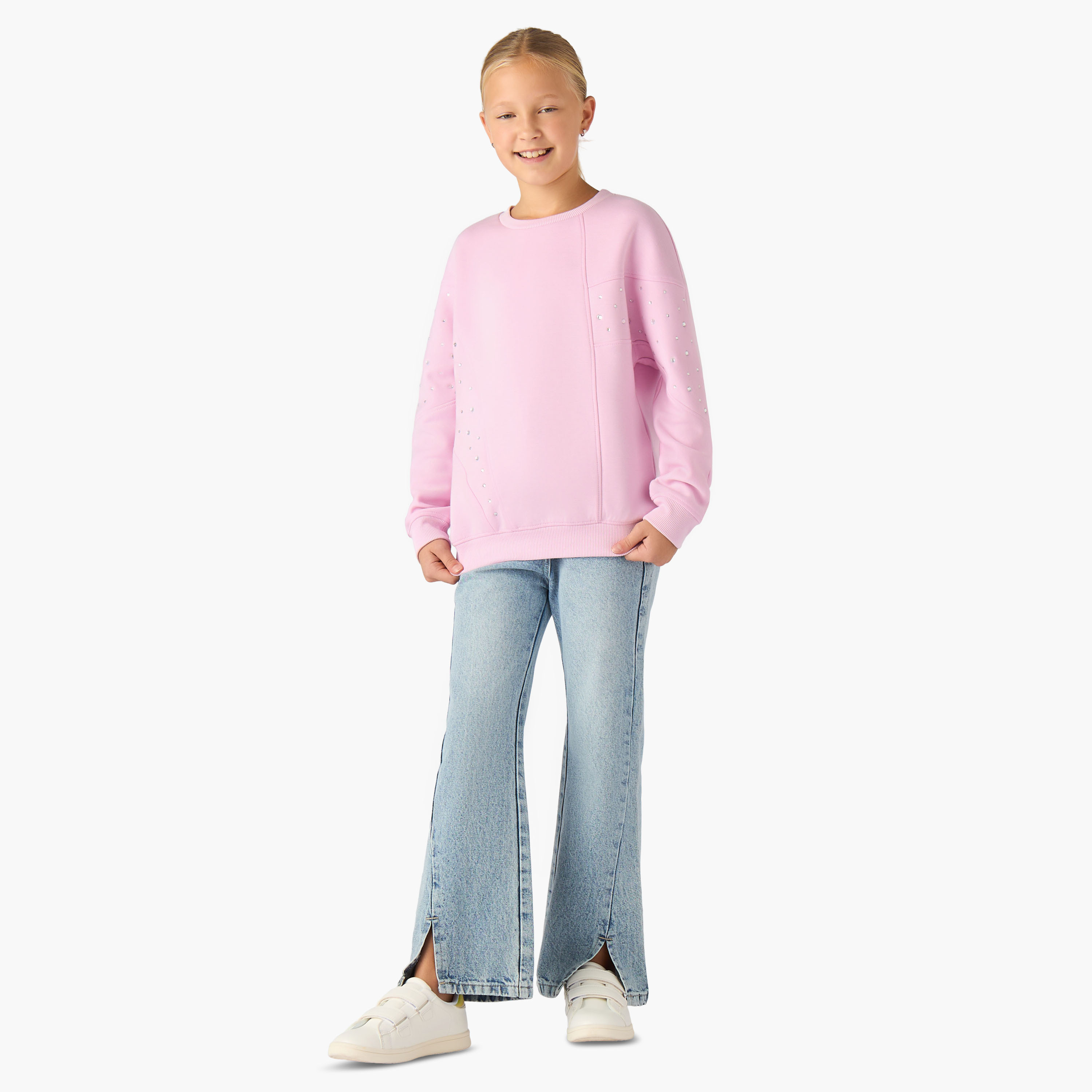 Juniors Embellished Sweatshirt with Long Sleeves-girls-clothing-winterwear-sweatshirts-image-2