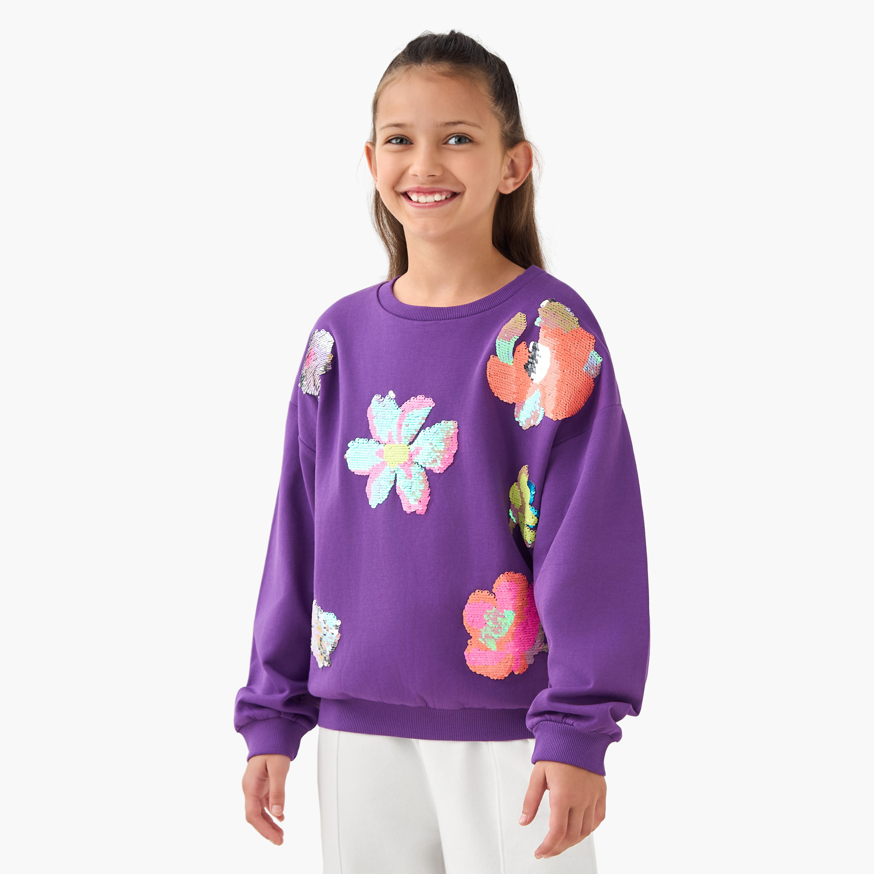 Juniors Sequin Embellished Sweatshirt with Long Sleeves-girls-clothing-winterwear-sweatshirts-image-1