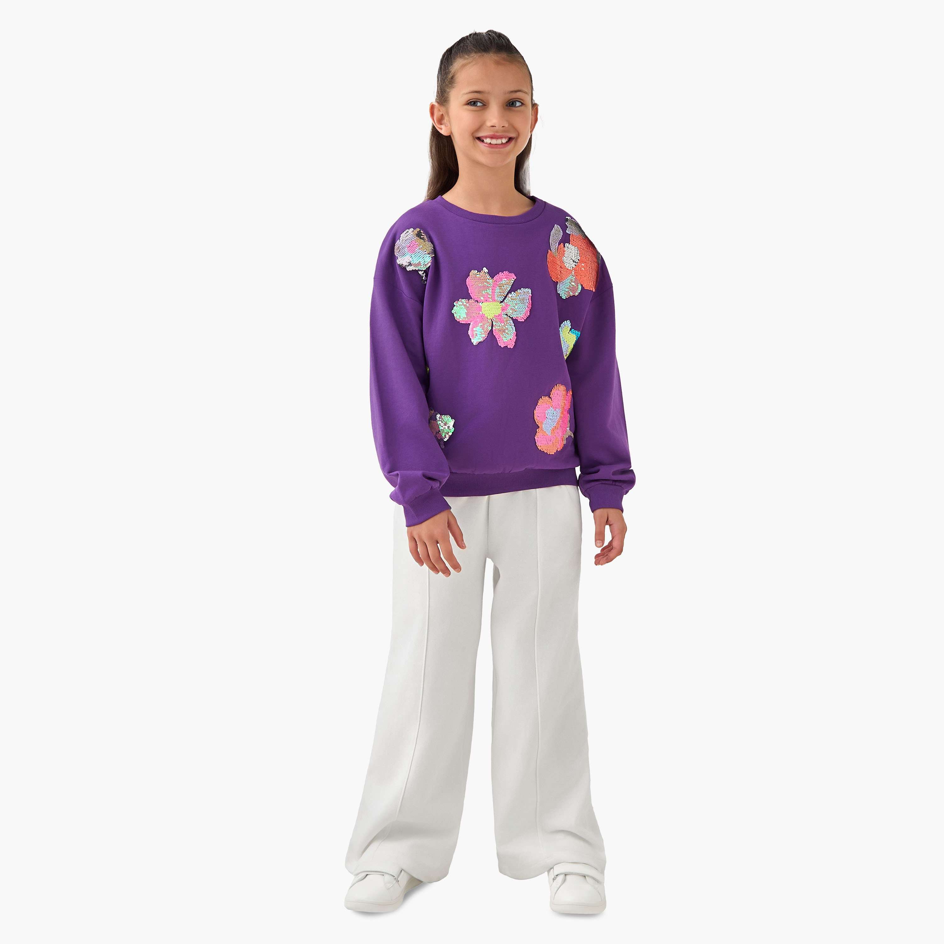 Juniors Sequin Embellished Sweatshirt with Long Sleeves-girls-clothing-winterwear-sweatshirts-image-2