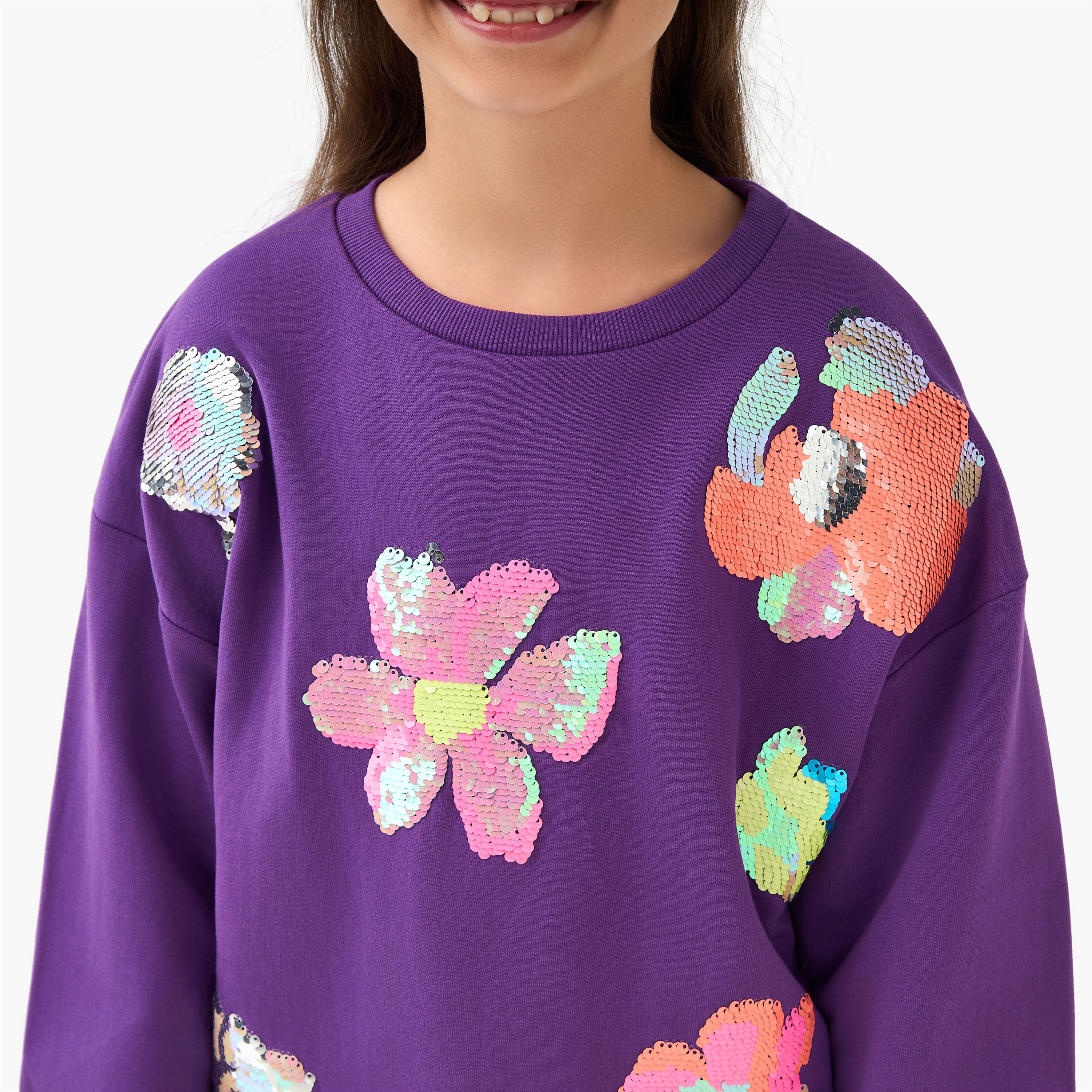 Juniors Sequin Embellished Sweatshirt with Long Sleeves-girls-clothing-winterwear-sweatshirts-image-4