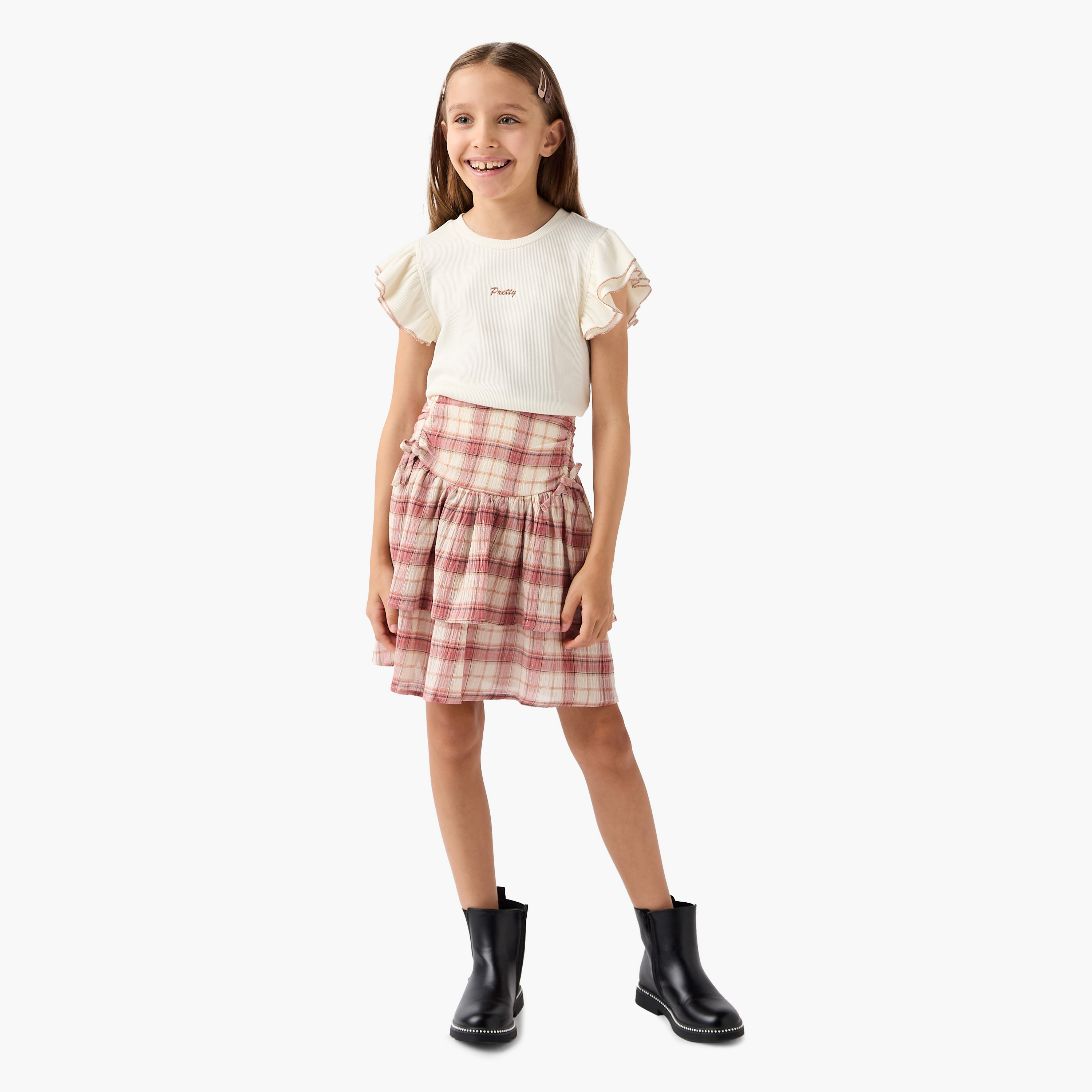 Juniors Ribbed Sleeveless Top and Checked Skirt Set-girls-clothing-setsandcoords-image-1