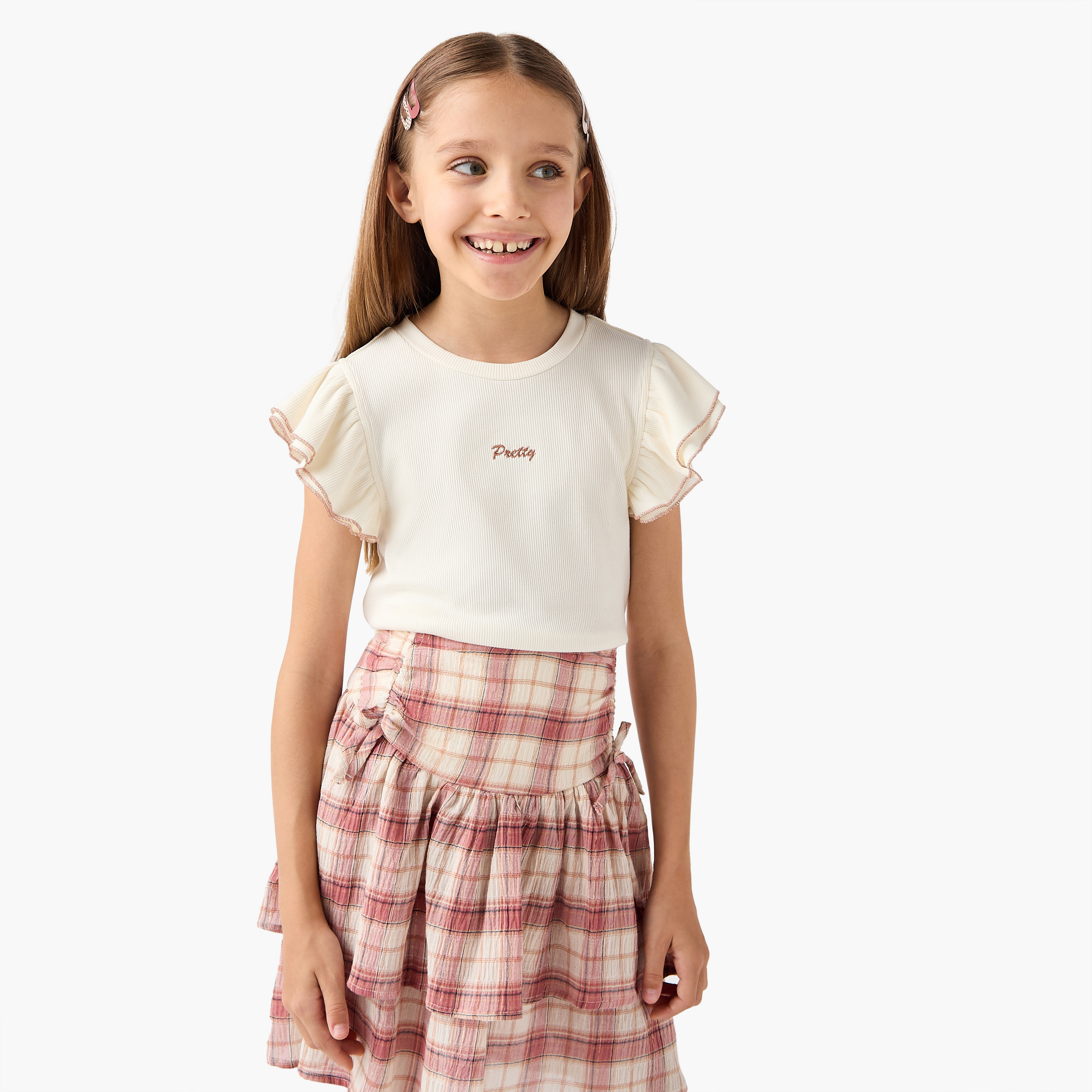 Juniors Ribbed Sleeveless Top and Checked Skirt Set-girls-clothing-setsandcoords-image-2