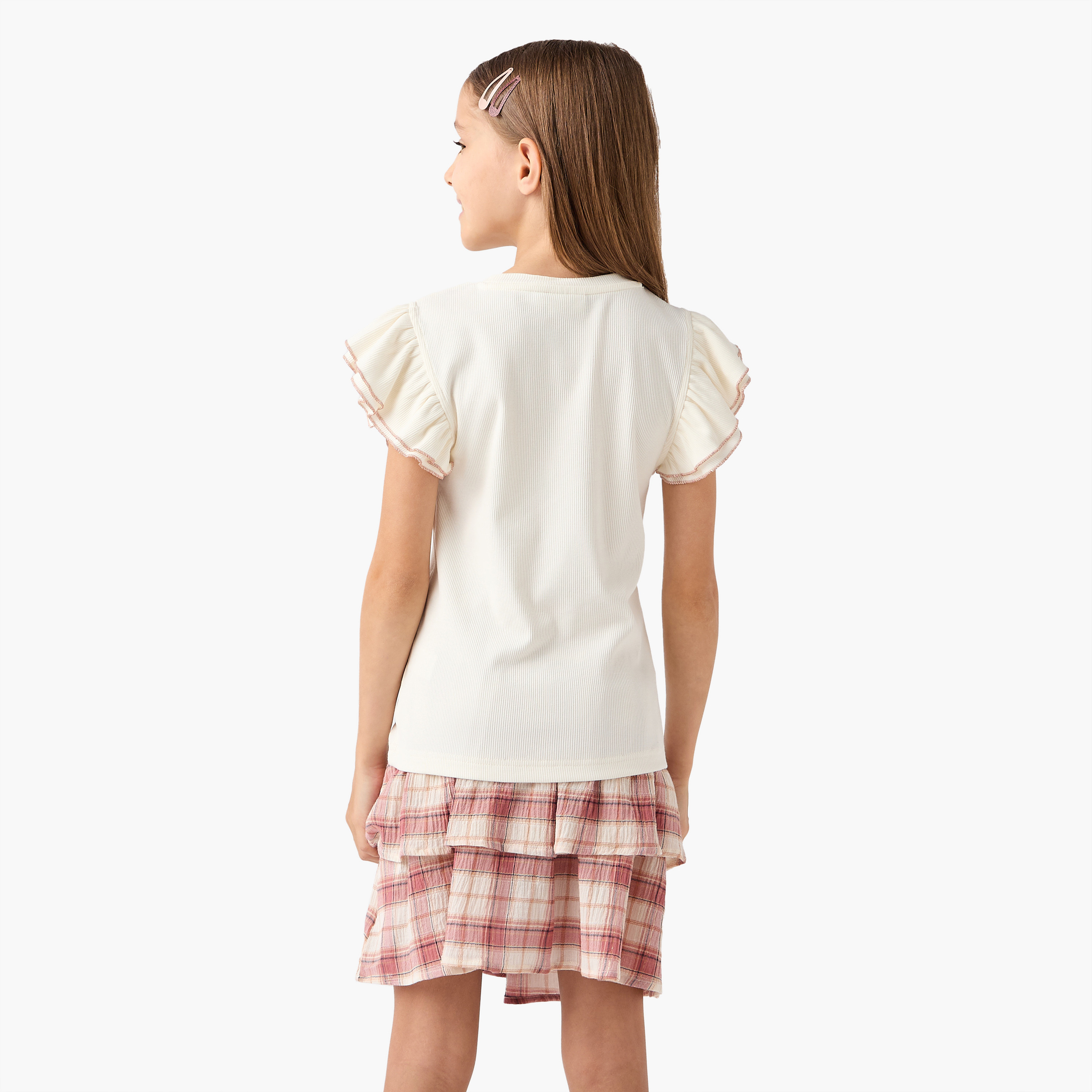 Juniors Ribbed Sleeveless Top and Checked Skirt Set-girls-clothing-setsandcoords-image-4