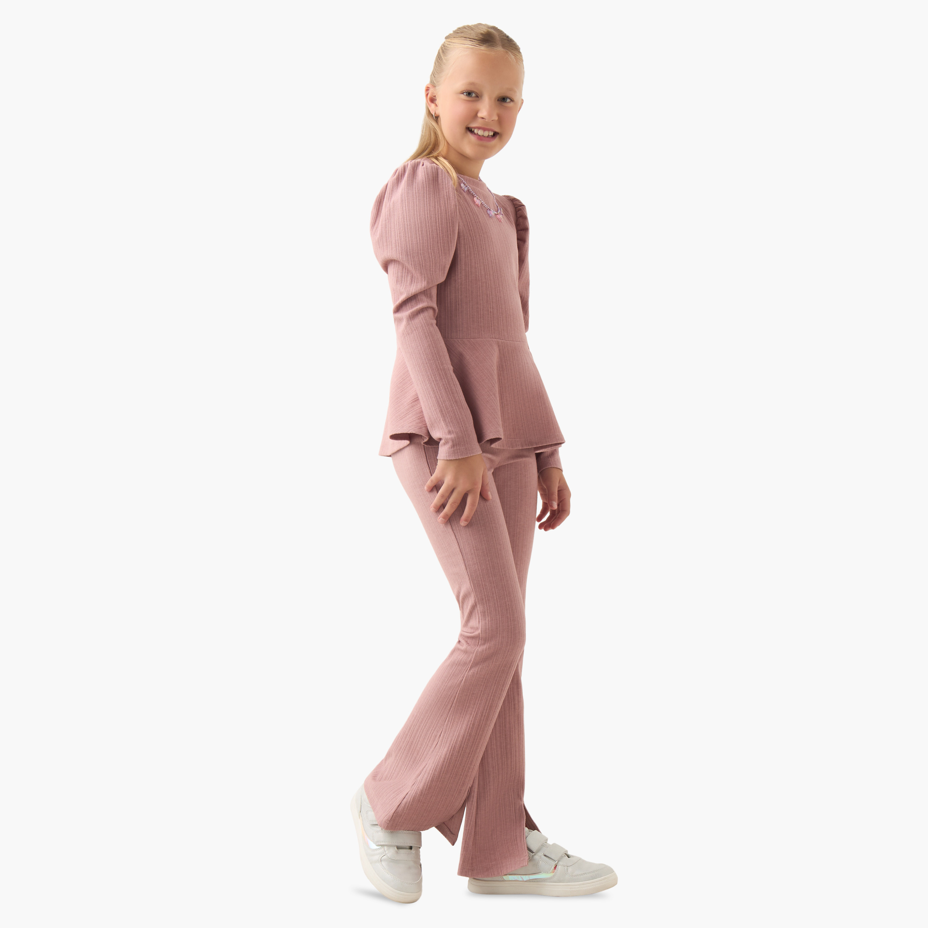 Juniors Crew Neck Long Sleeves Peplum Top and Pants Set with Ribbed Texture-girls-clothing-setsandcoords-image-1