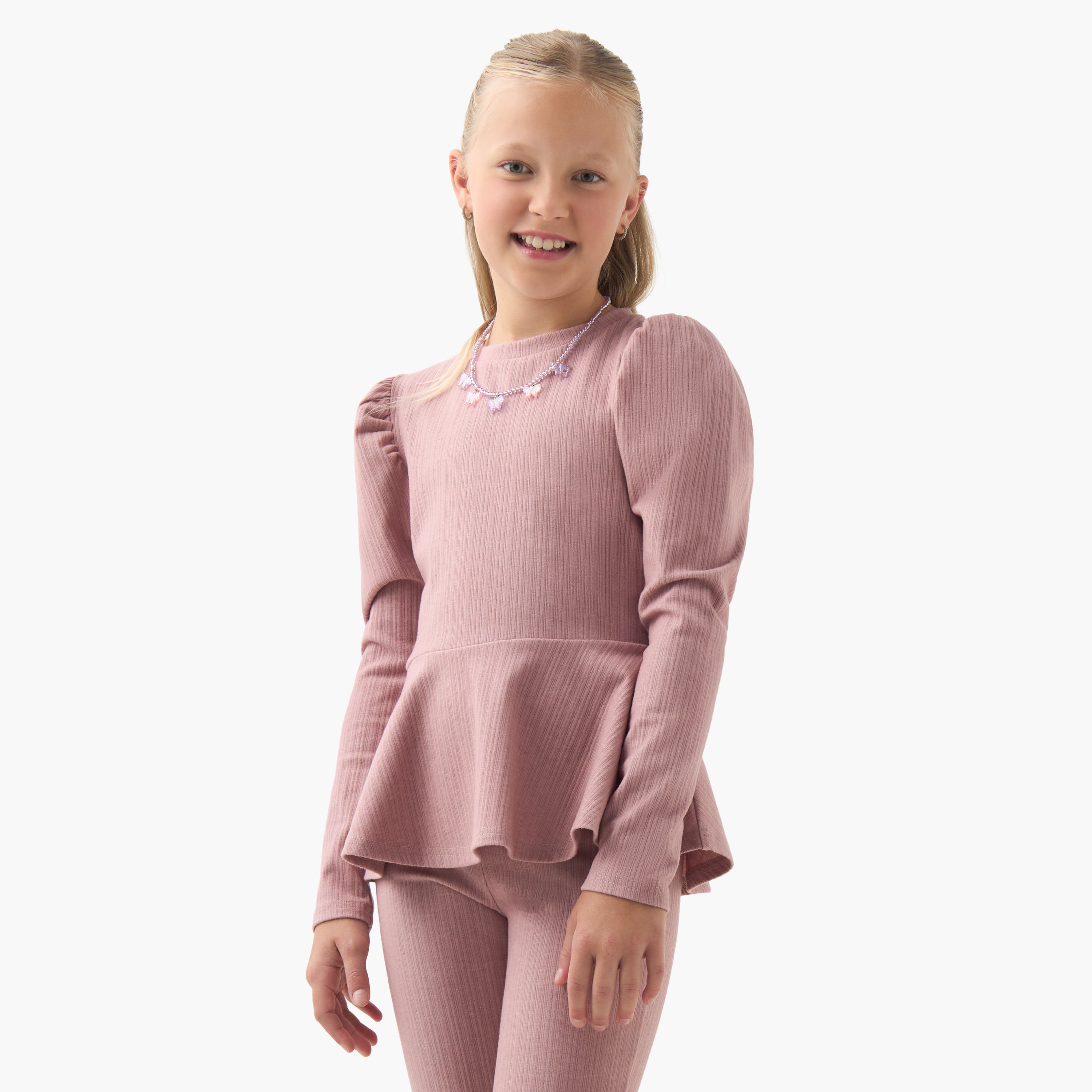Juniors Crew Neck Long Sleeves Peplum Top and Pants Set with Ribbed Texture-girls-clothing-setsandcoords-image-2
