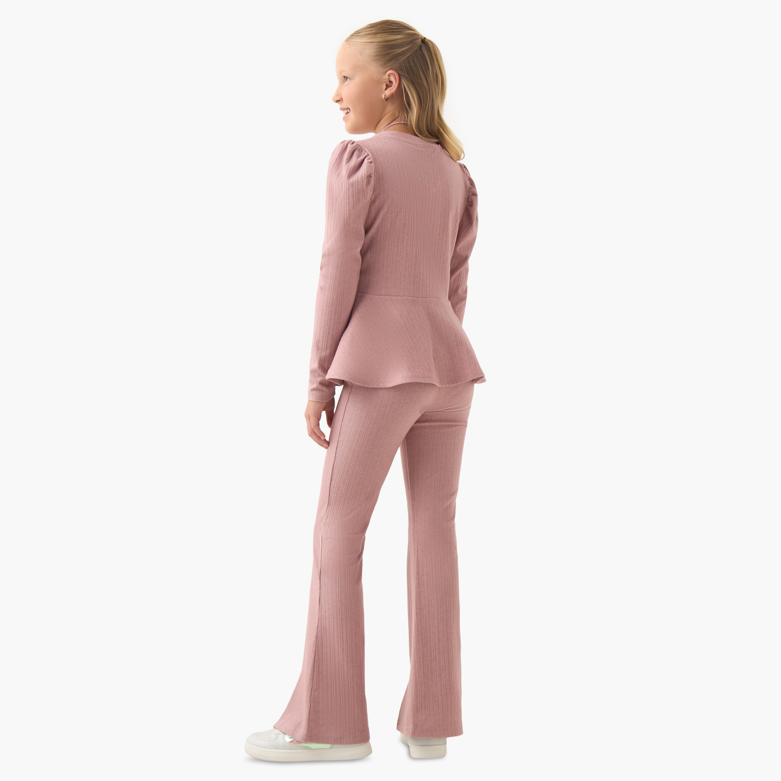 Juniors Crew Neck Long Sleeves Peplum Top and Pants Set with Ribbed Texture-girls-clothing-setsandcoords-image-4