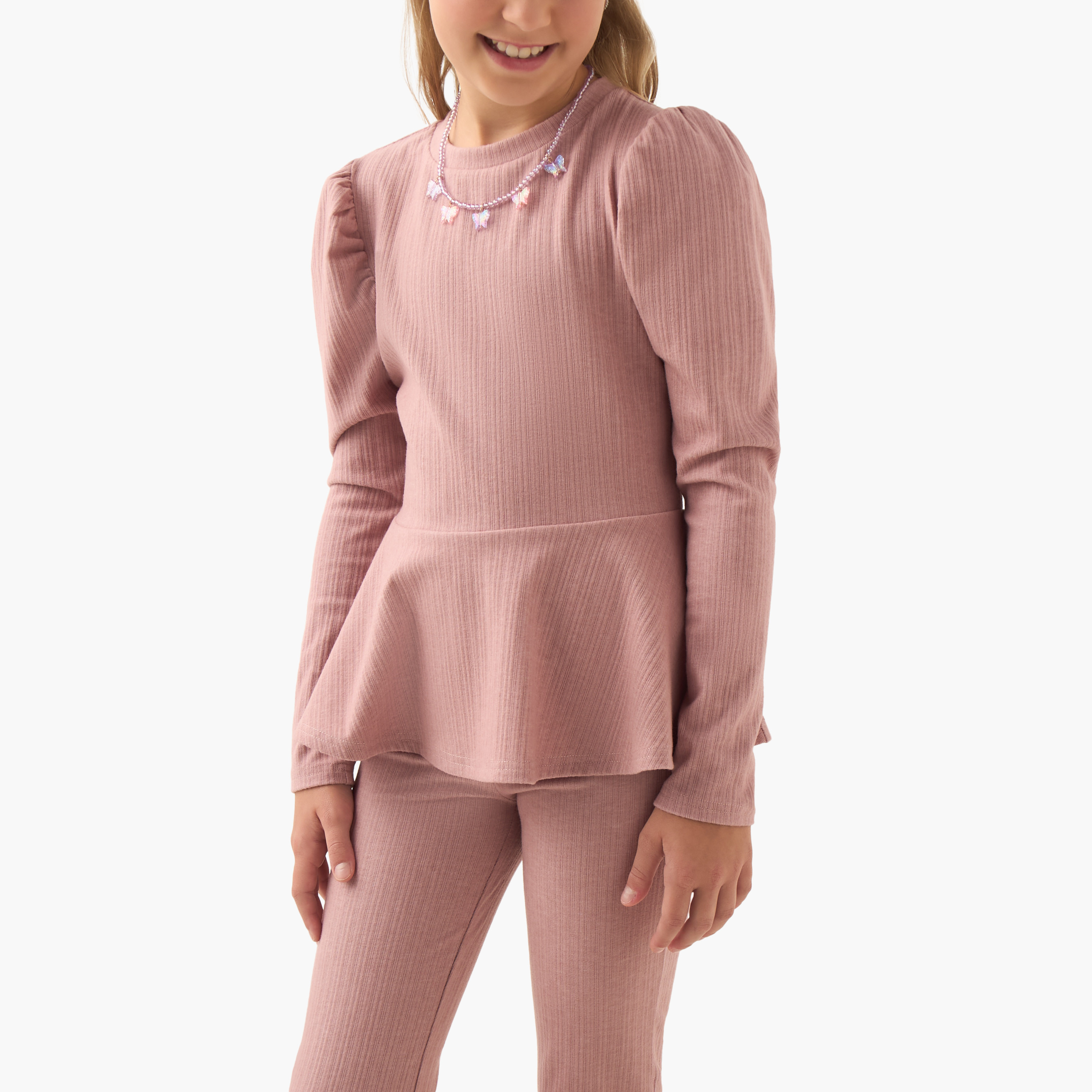 Juniors Crew Neck Long Sleeves Peplum Top and Pants Set with Ribbed Texture-girls-clothing-setsandcoords-image-5