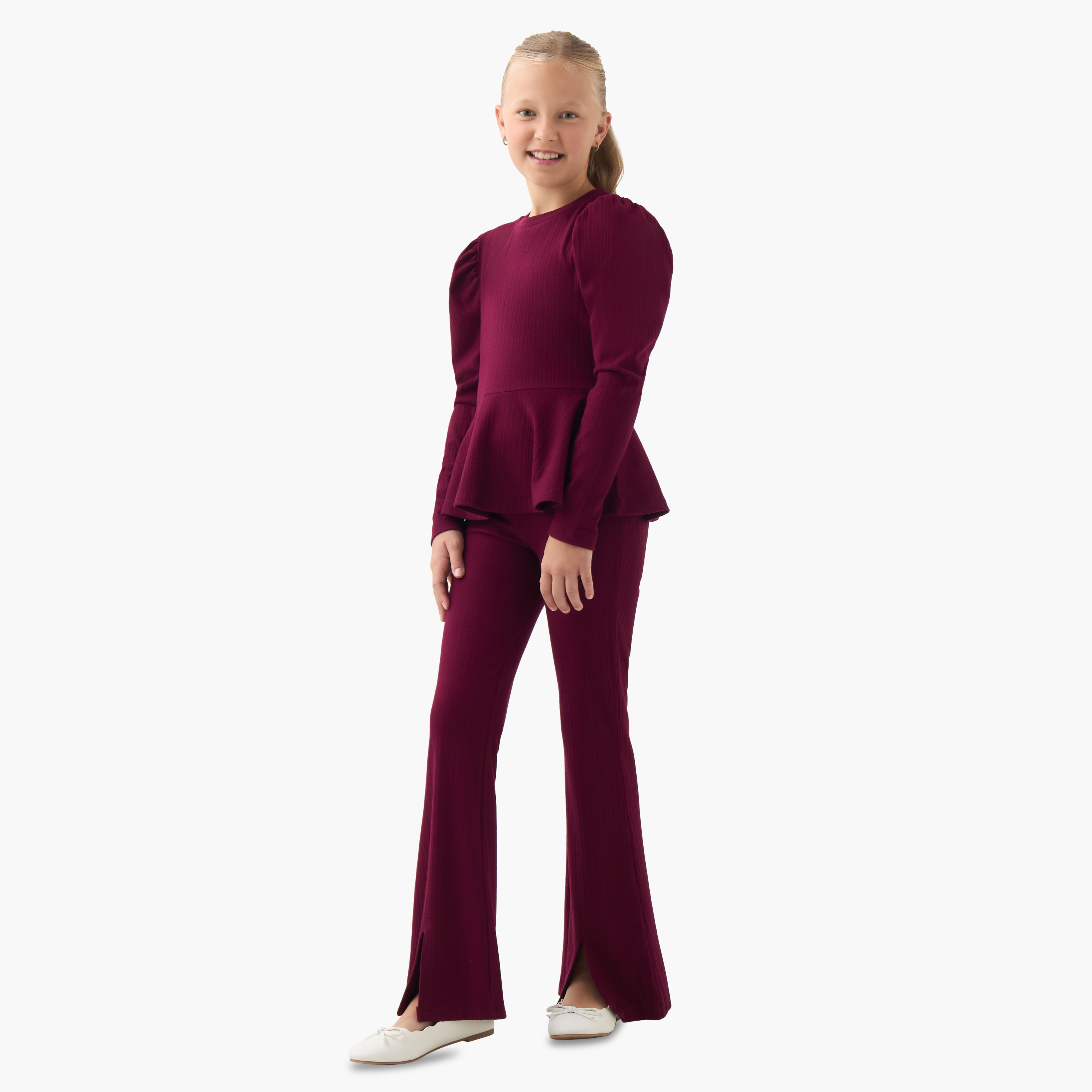 Juniors Girls Peplum Top and Pants Set with Ribbed Textured - Polyester - Long Sleeves - Crew Neck-girls-clothing-setsandcoords-image-1