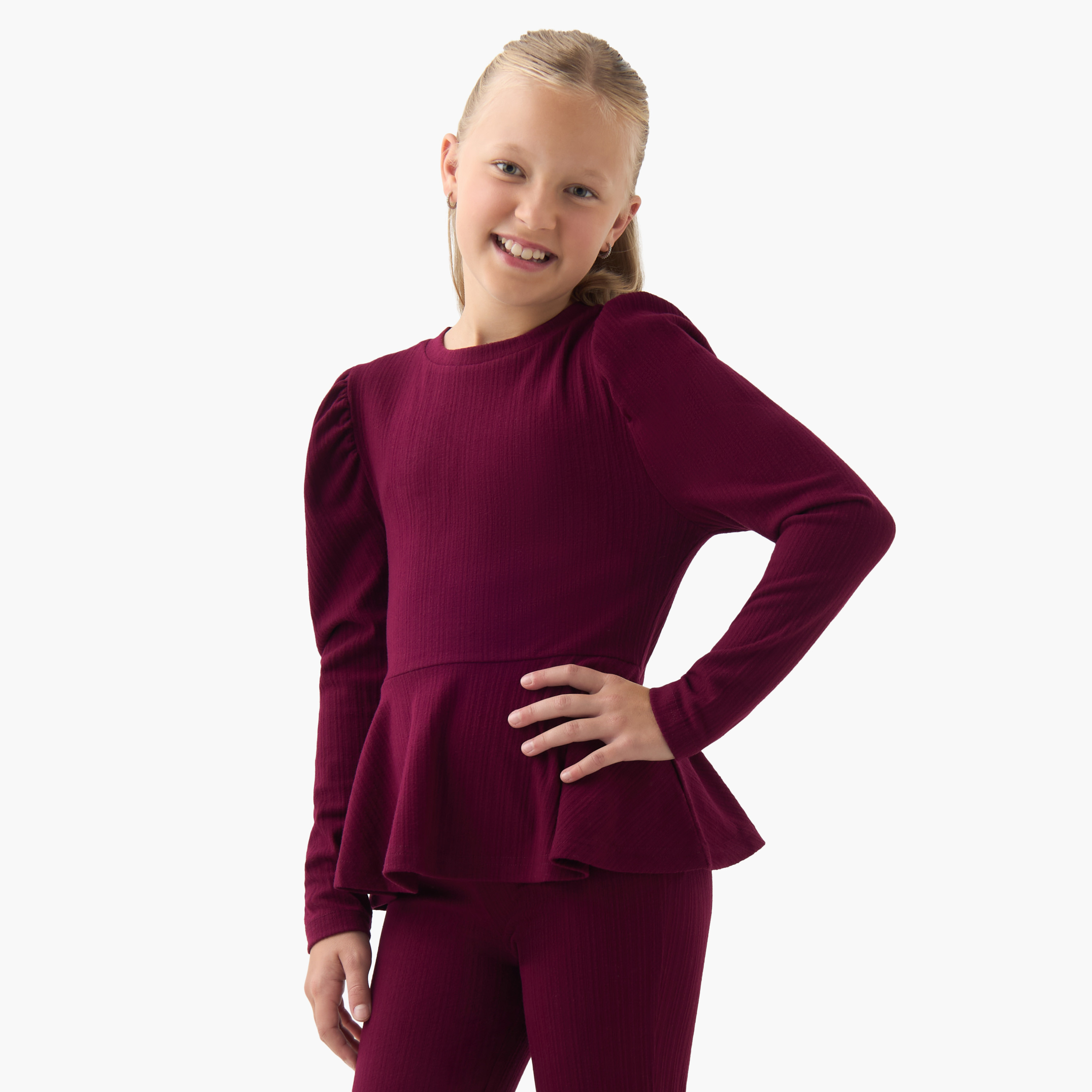 Juniors Girls Peplum Top and Pants Set with Ribbed Textured - Polyester - Long Sleeves - Crew Neck-girls-clothing-setsandcoords-image-2