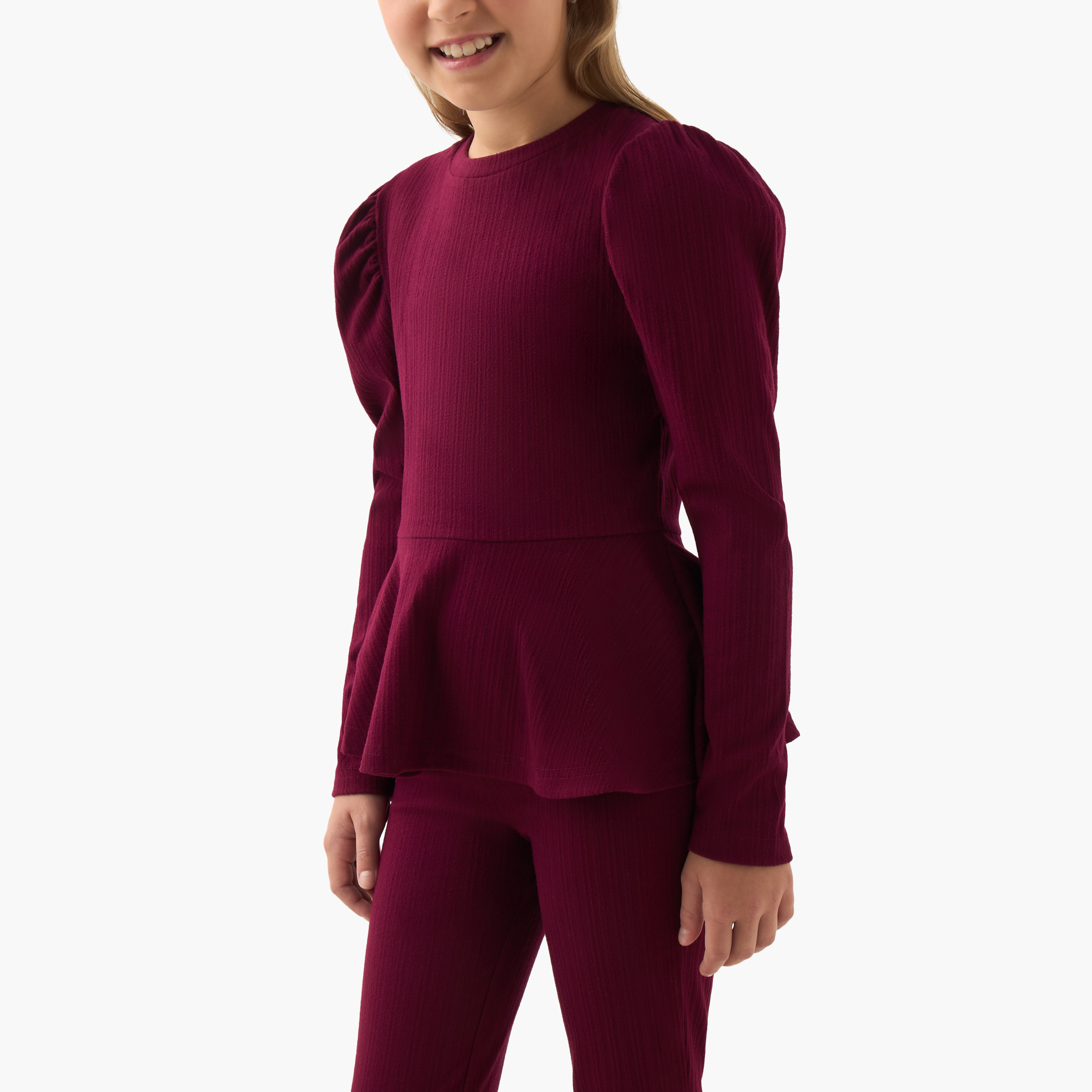 Juniors Girls Peplum Top and Pants Set with Ribbed Textured - Polyester - Long Sleeves - Crew Neck-girls-clothing-setsandcoords-image-5