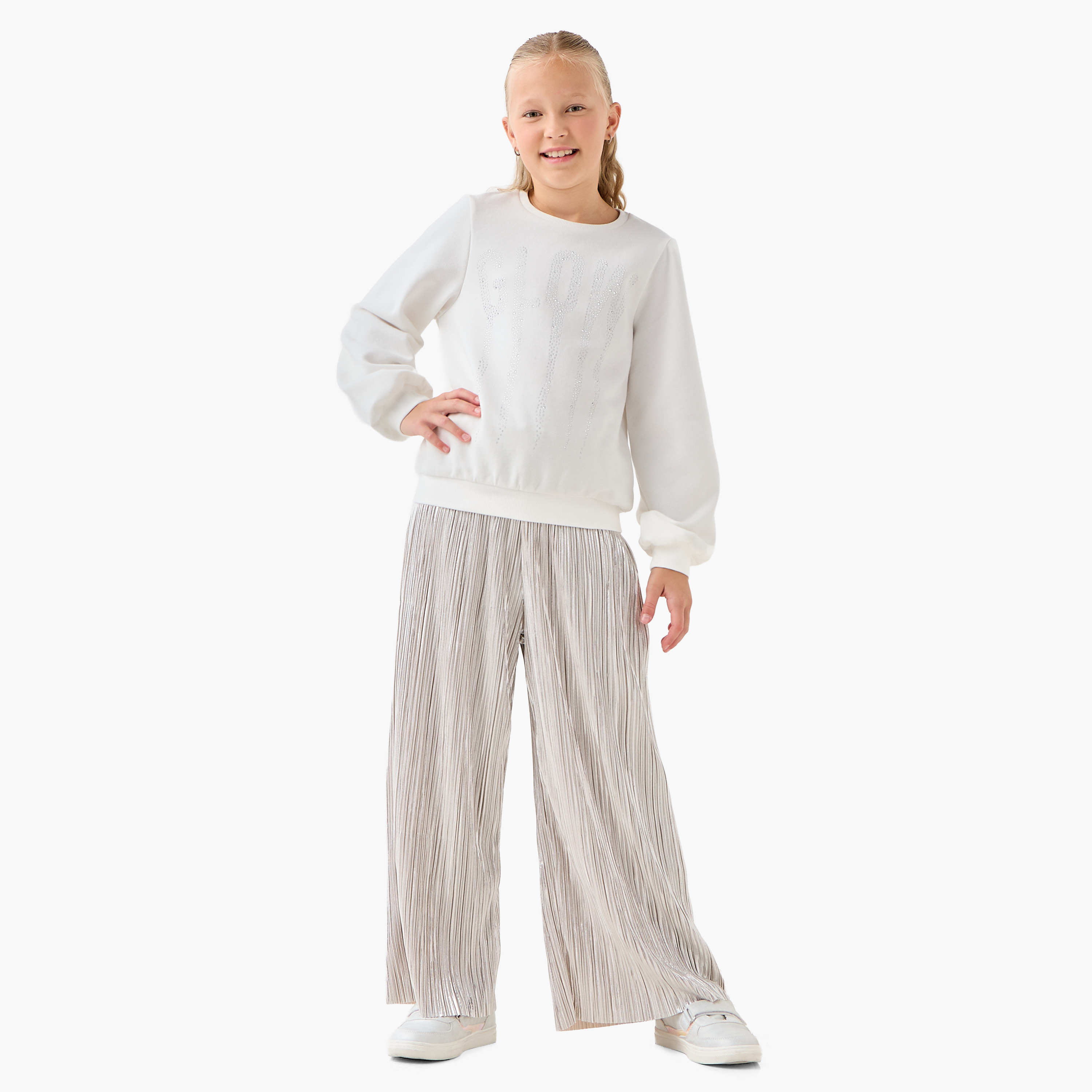 طقم سويت شيرت بأكمام طويلة وبنطلون واسع الساق بثنيات قطن للبنات من جونيورز-girls-clothing-setsandcoords-image-6
