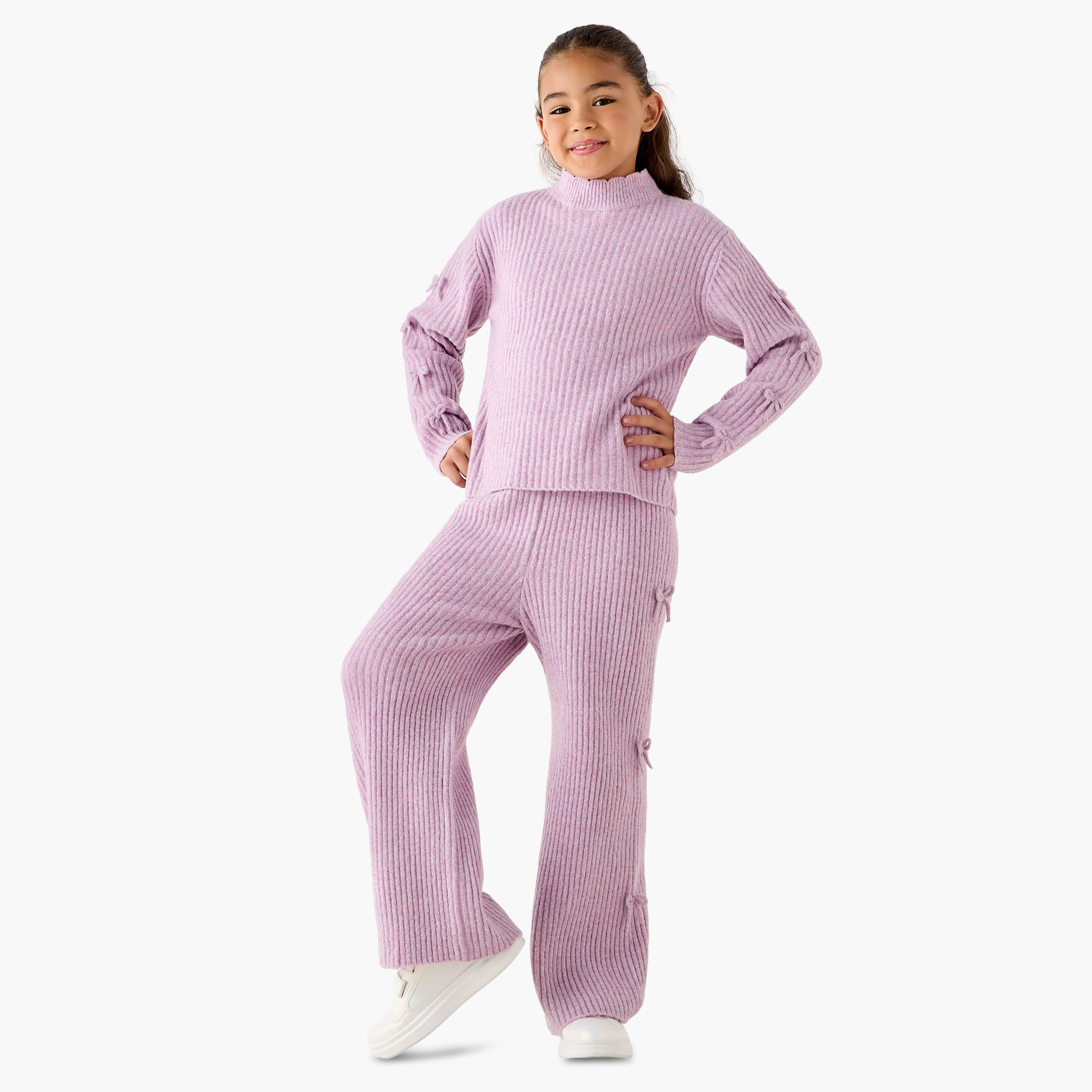 Juniors Girls T-shirt and Pants Set with Bow Detail - Long Sleeves - Turtle Neck-girls-clothing-setsandcoords-image-1