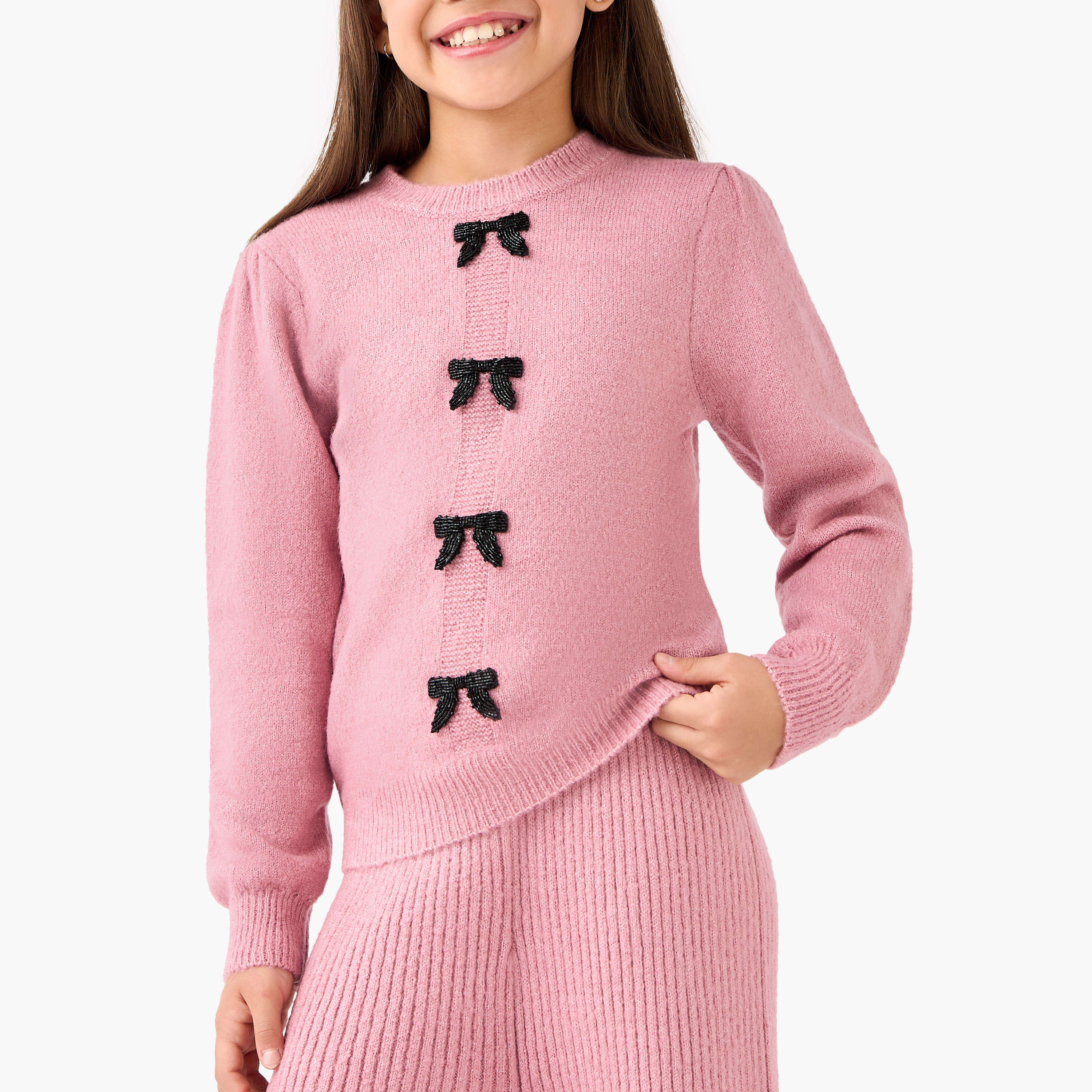 طقم كنزة بزينة فيونكة وبنطلون من جونيورز-girls-clothing-setsandcoords-image-2