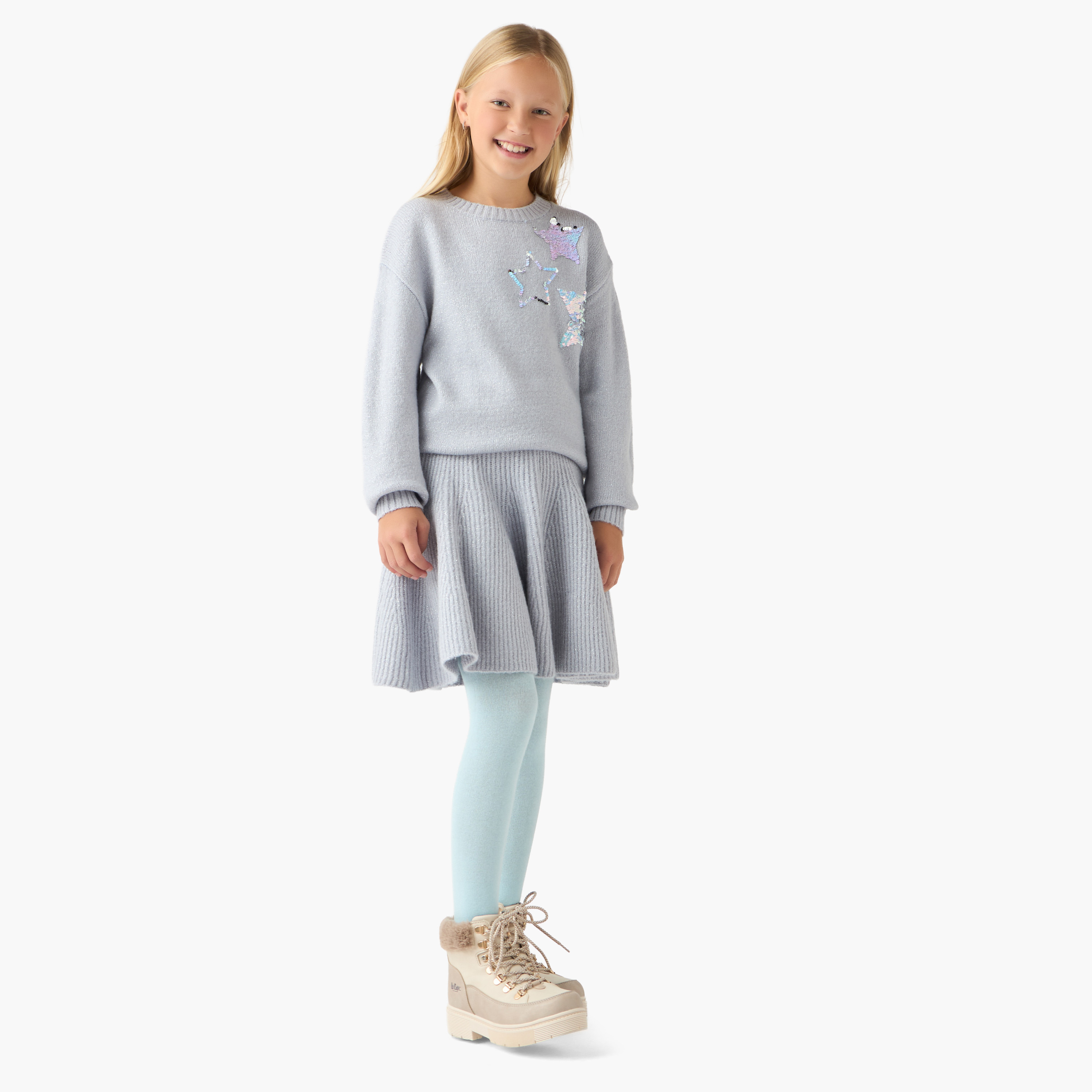 Juniors Girls Star Sequinned Sweater with Skirt and Stockings Set - Wool - Long Sleeves - Crew Neck-girls-clothing-setsandcoords-image-1