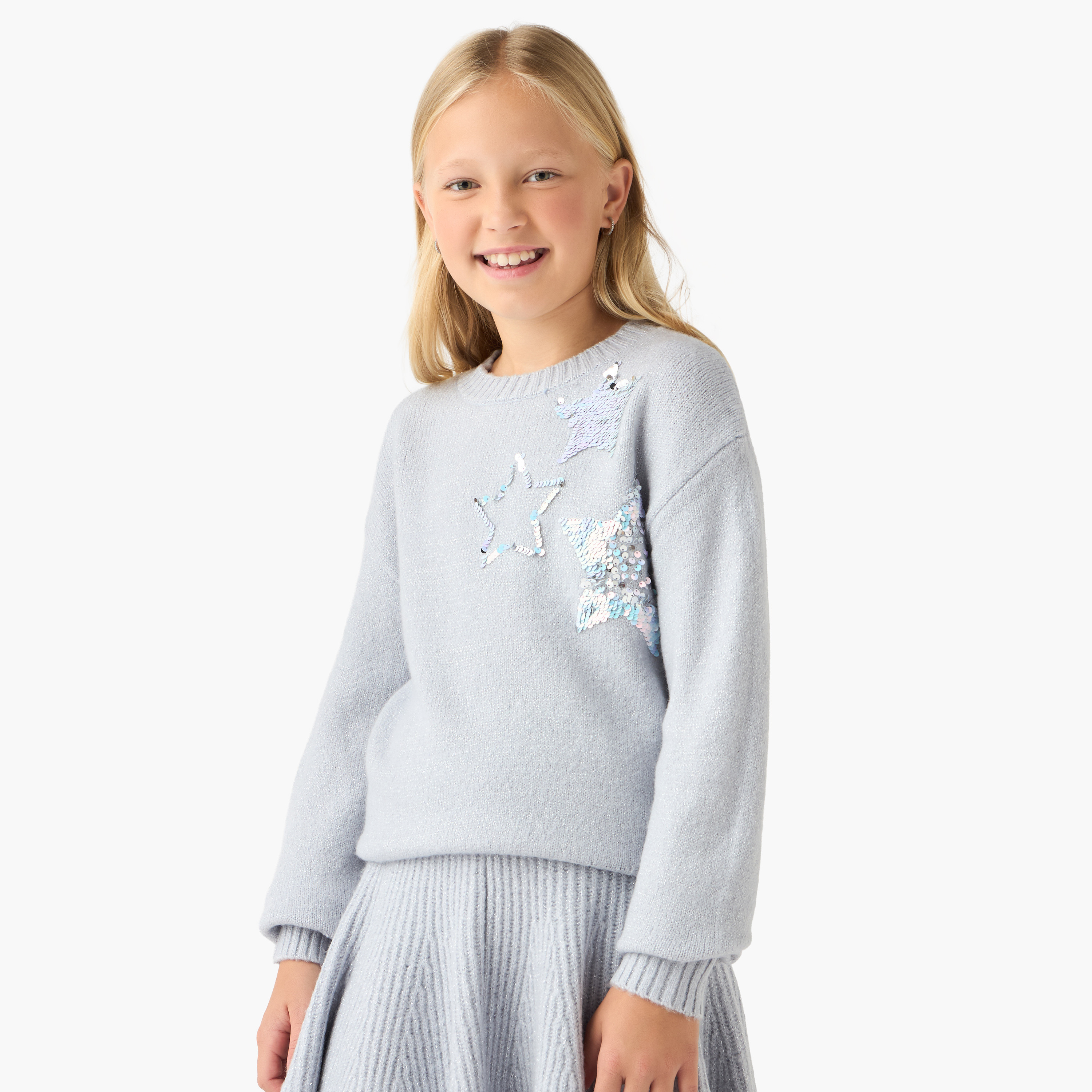 Juniors Girls Star Sequinned Sweater with Skirt and Stockings Set - Wool - Long Sleeves - Crew Neck-girls-clothing-setsandcoords-image-2