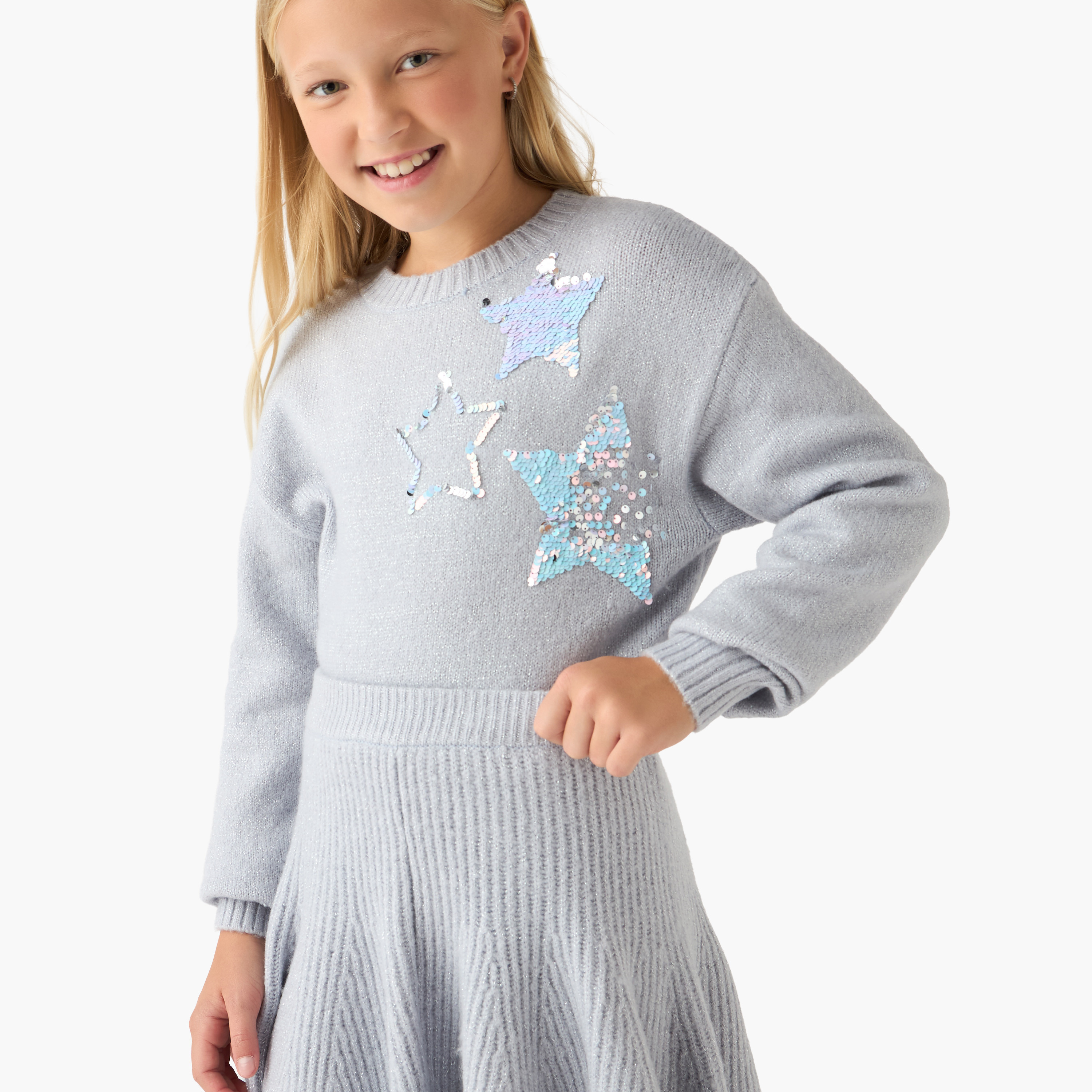 Juniors Girls Star Sequinned Sweater with Skirt and Stockings Set - Wool - Long Sleeves - Crew Neck-girls-clothing-setsandcoords-image-5