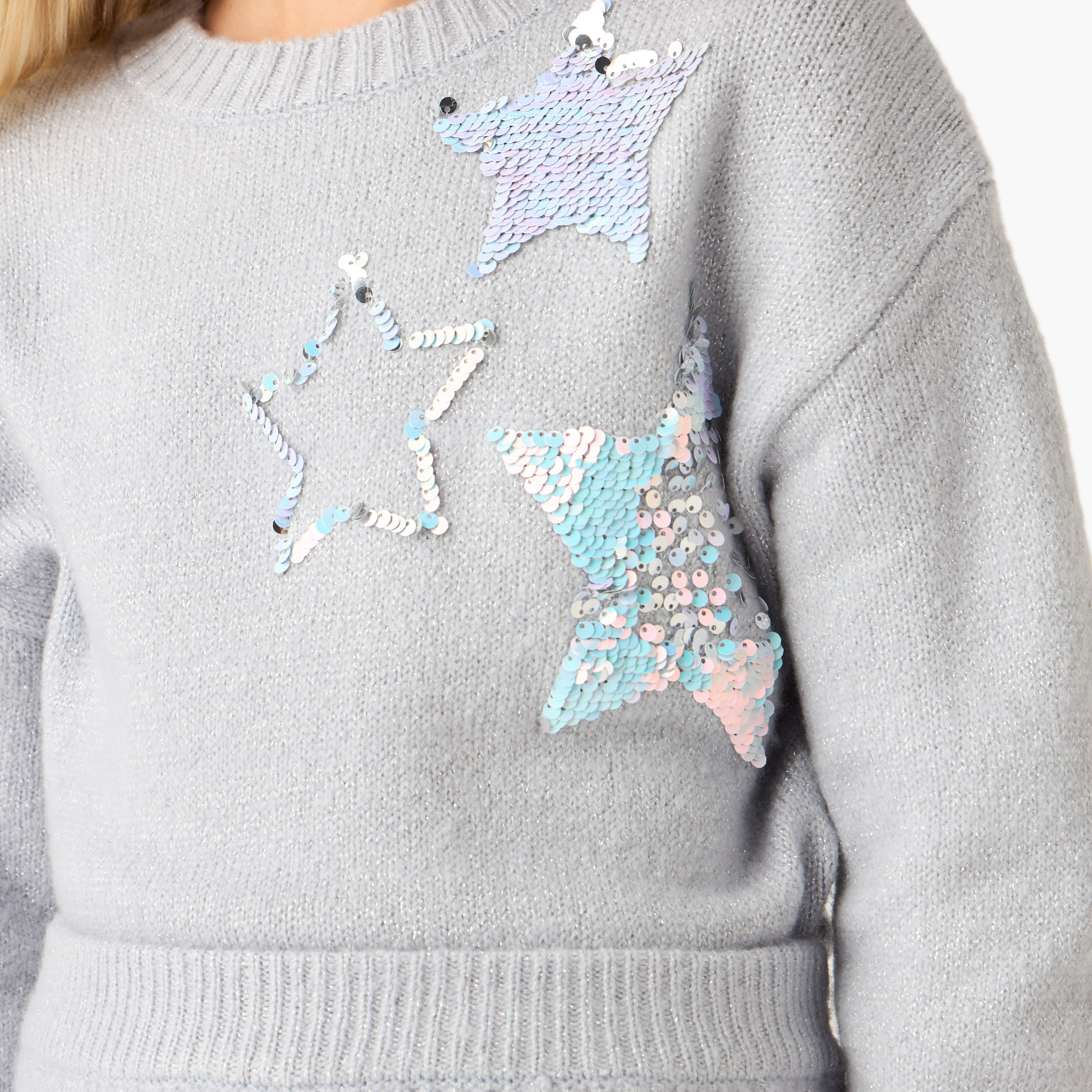 Juniors Girls Star Sequinned Sweater with Skirt and Stockings Set - Wool - Long Sleeves - Crew Neck-girls-clothing-setsandcoords-image-7