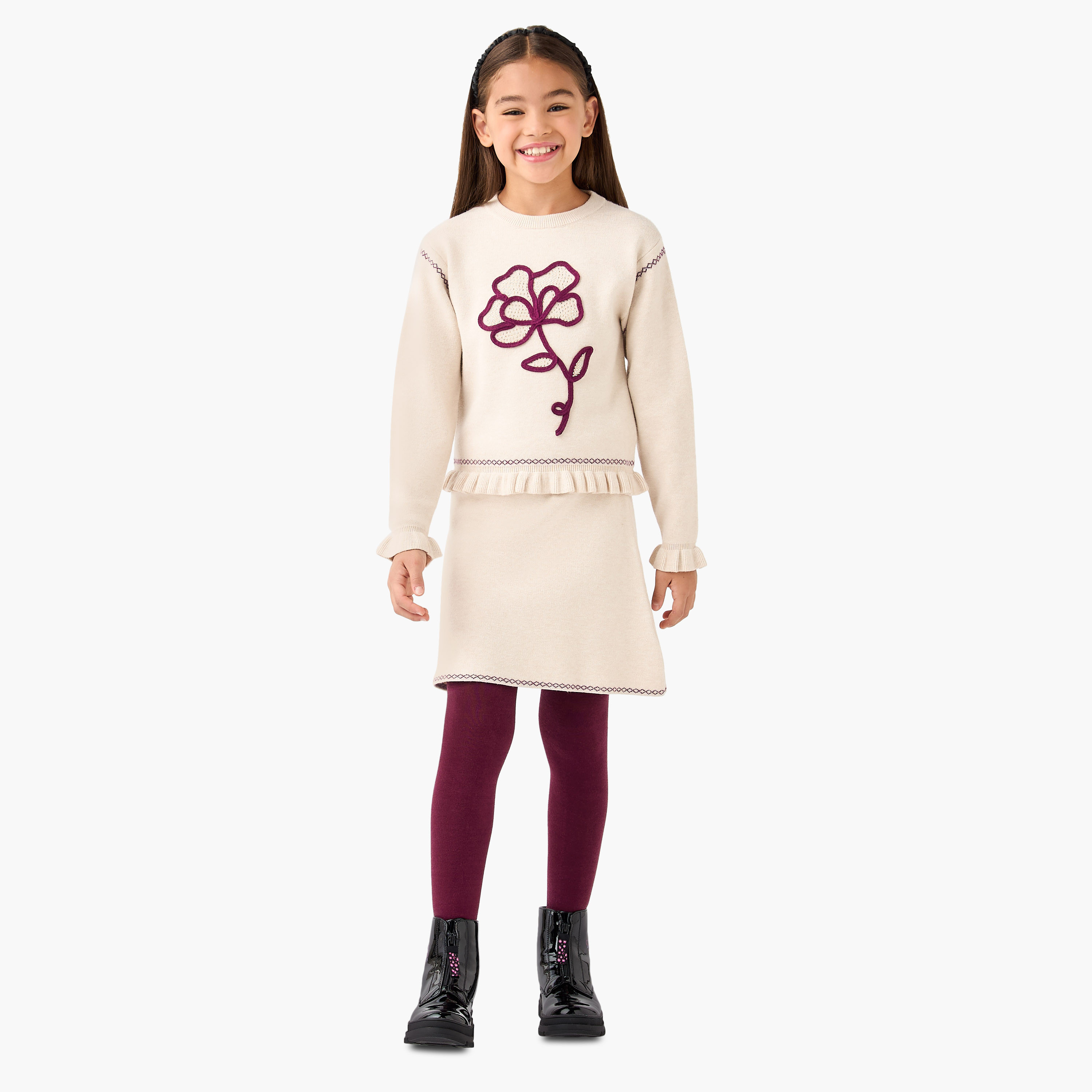 Juniors 3-Piece Floral Embellished Top with Skirt and Stockings Set-girls-clothing-setsandcoords-image-1