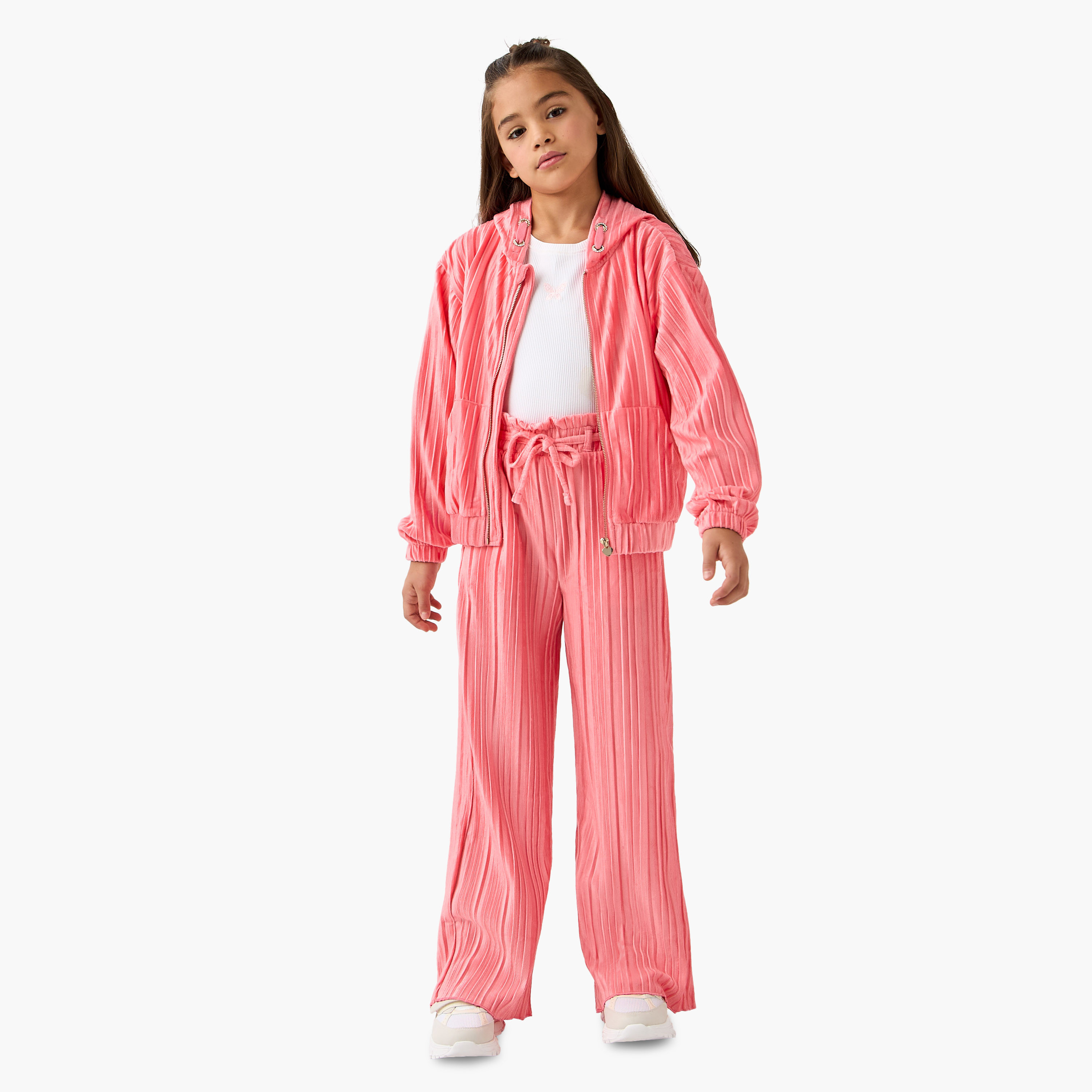Juniors Pleated Hooded Sweatshirt and Track Pants Set-girls-clothing-setsandcoords-image-1