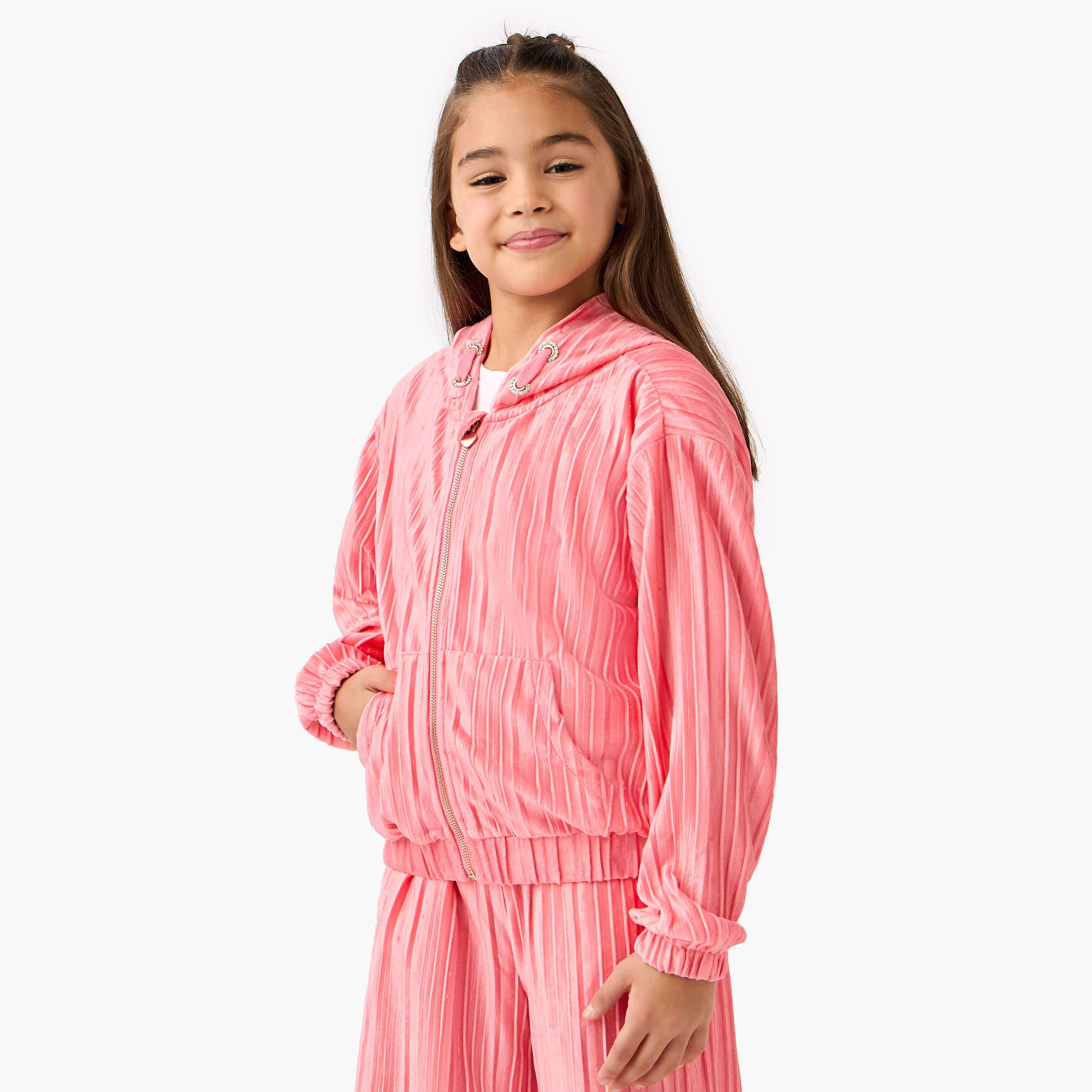 Juniors Pleated Hooded Sweatshirt and Track Pants Set-girls-clothing-setsandcoords-image-2
