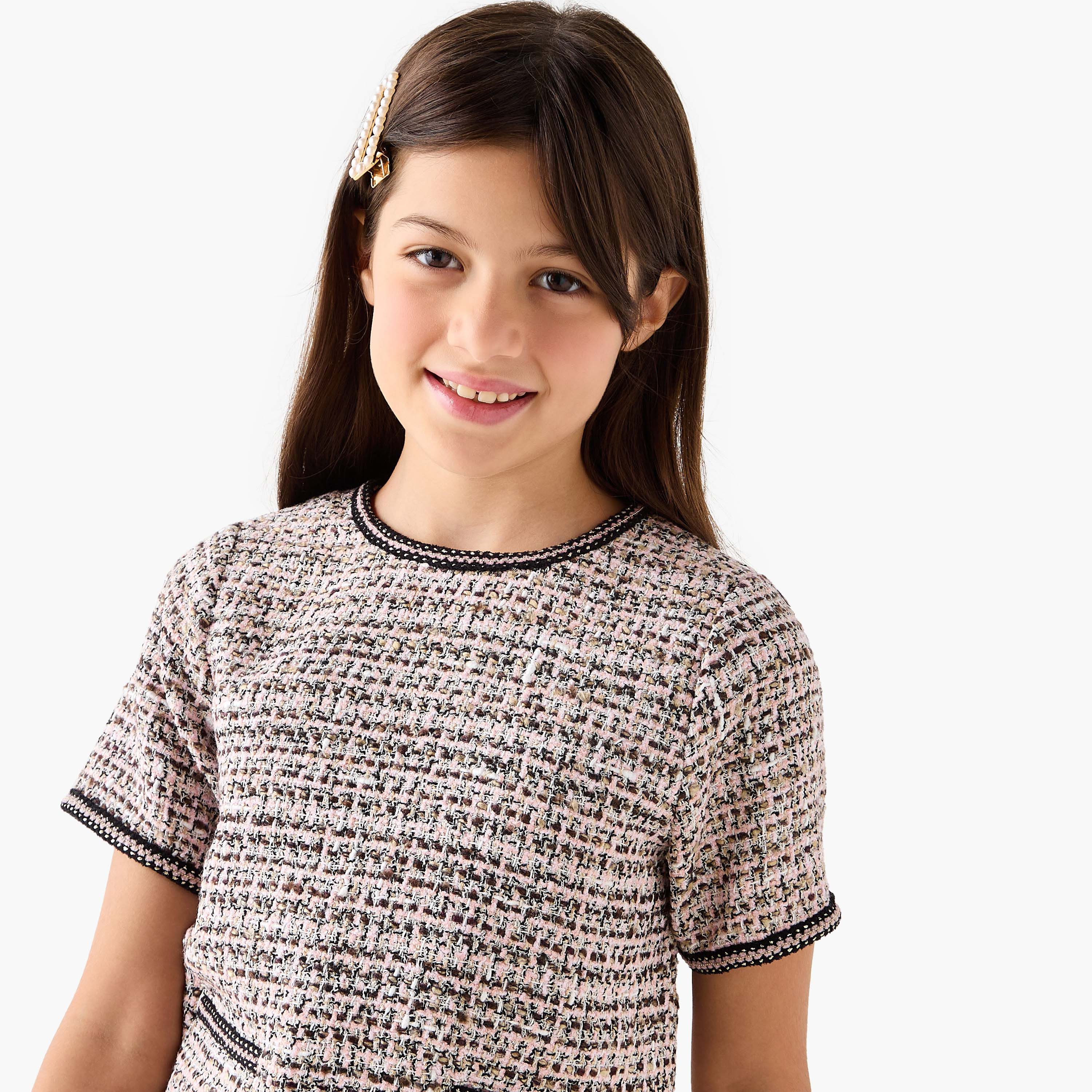 طقم بلوزة بارزة الملمس بأكمام قصيرة وتنورة بكسرات من إليجو-girls-clothing-blousesandshirts-image-2