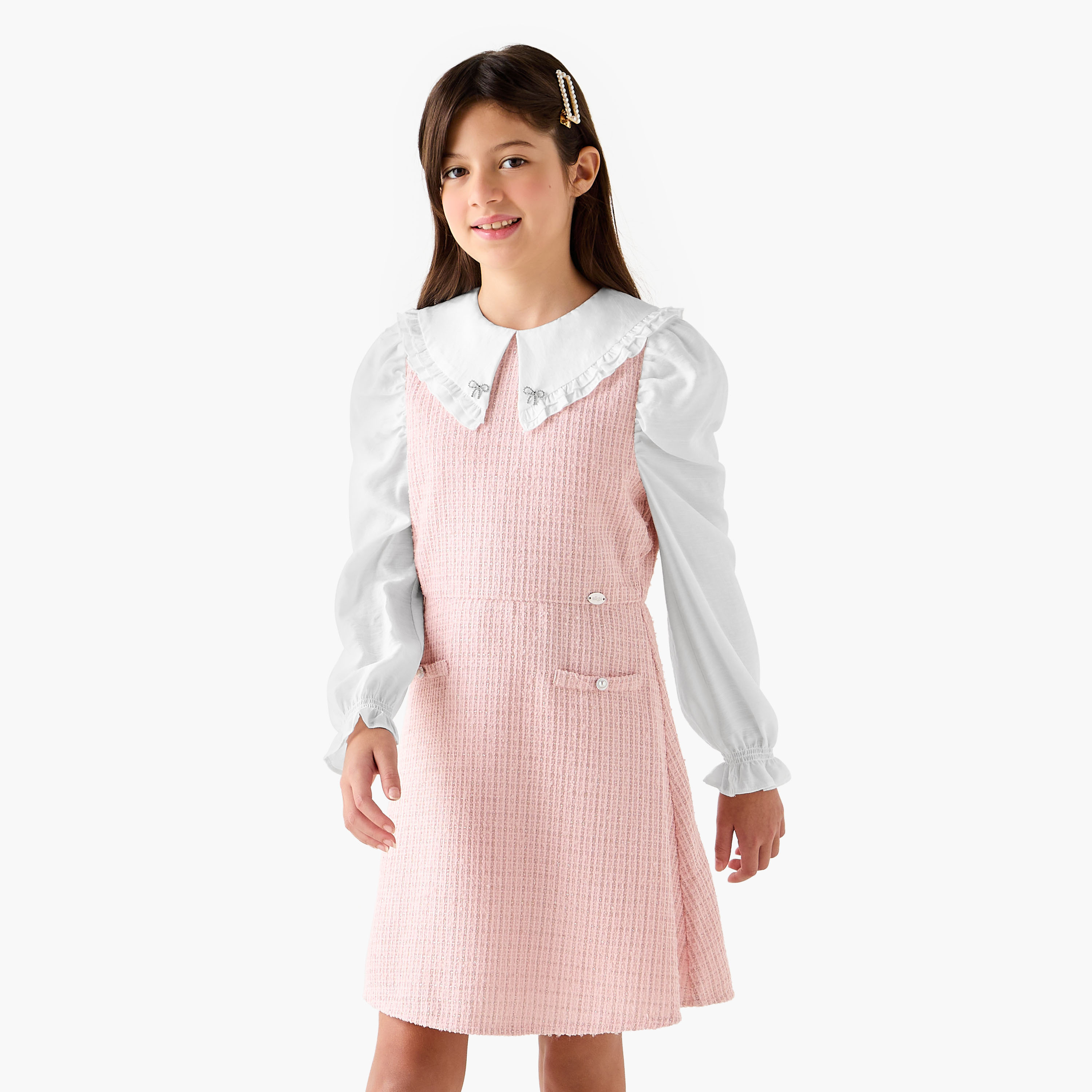 Eligo Textured Peter Pan Collar Dress with Long Sleeves-girls-clothing-winterwear-dresses-image-1