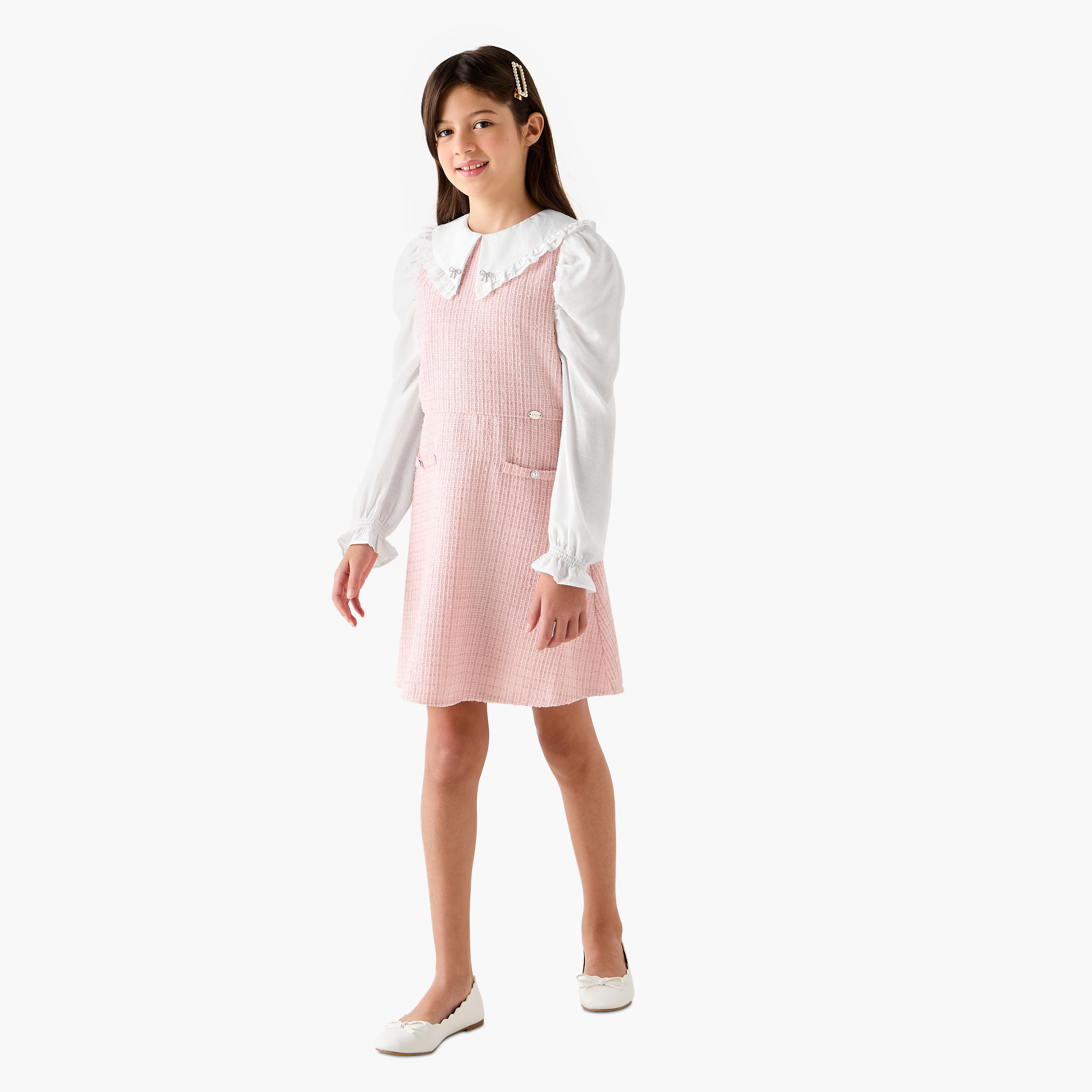 Eligo Textured Peter Pan Collar Dress with Long Sleeves-girls-clothing-winterwear-dresses-image-2