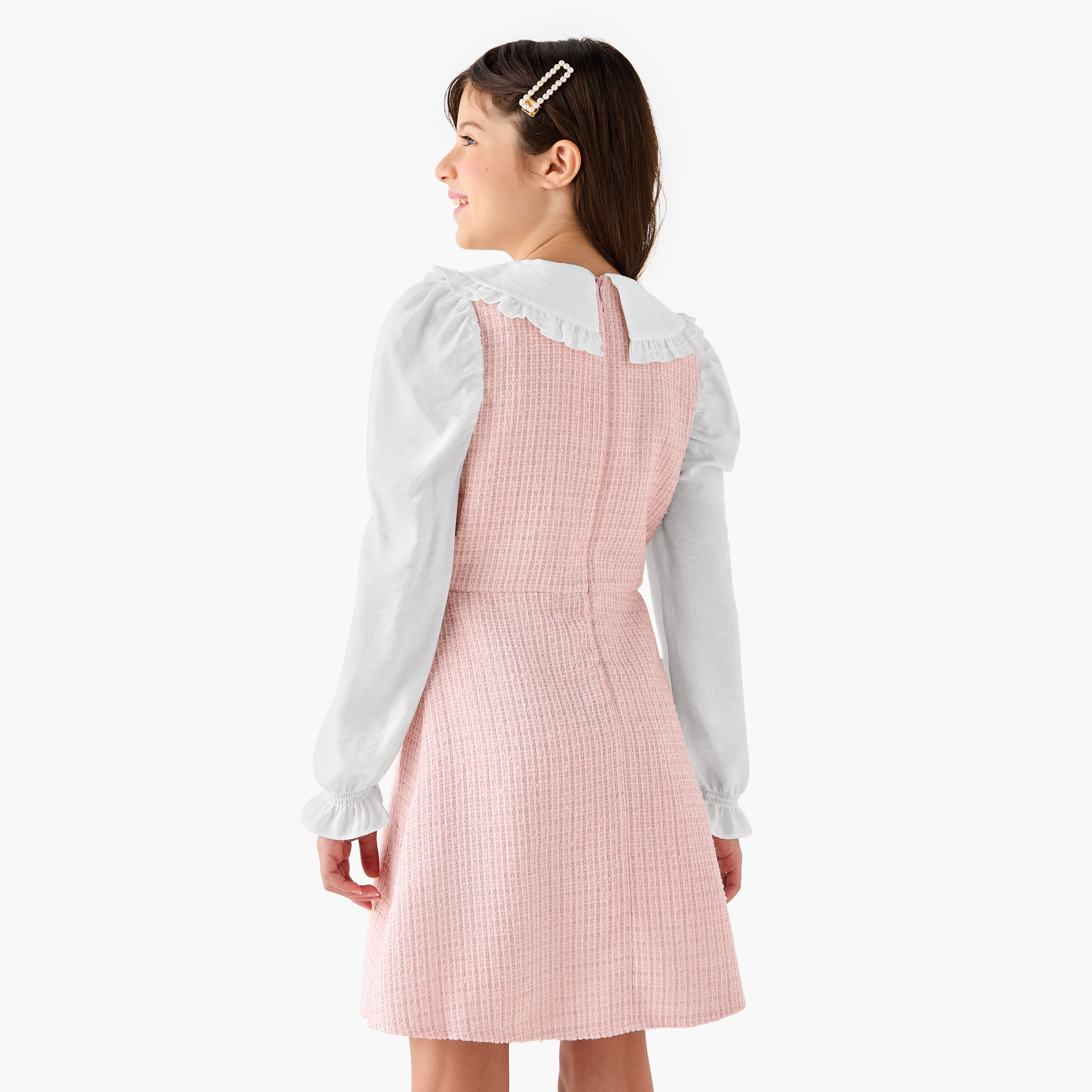 Eligo Textured Peter Pan Collar Dress with Long Sleeves-girls-clothing-winterwear-dresses-image-3