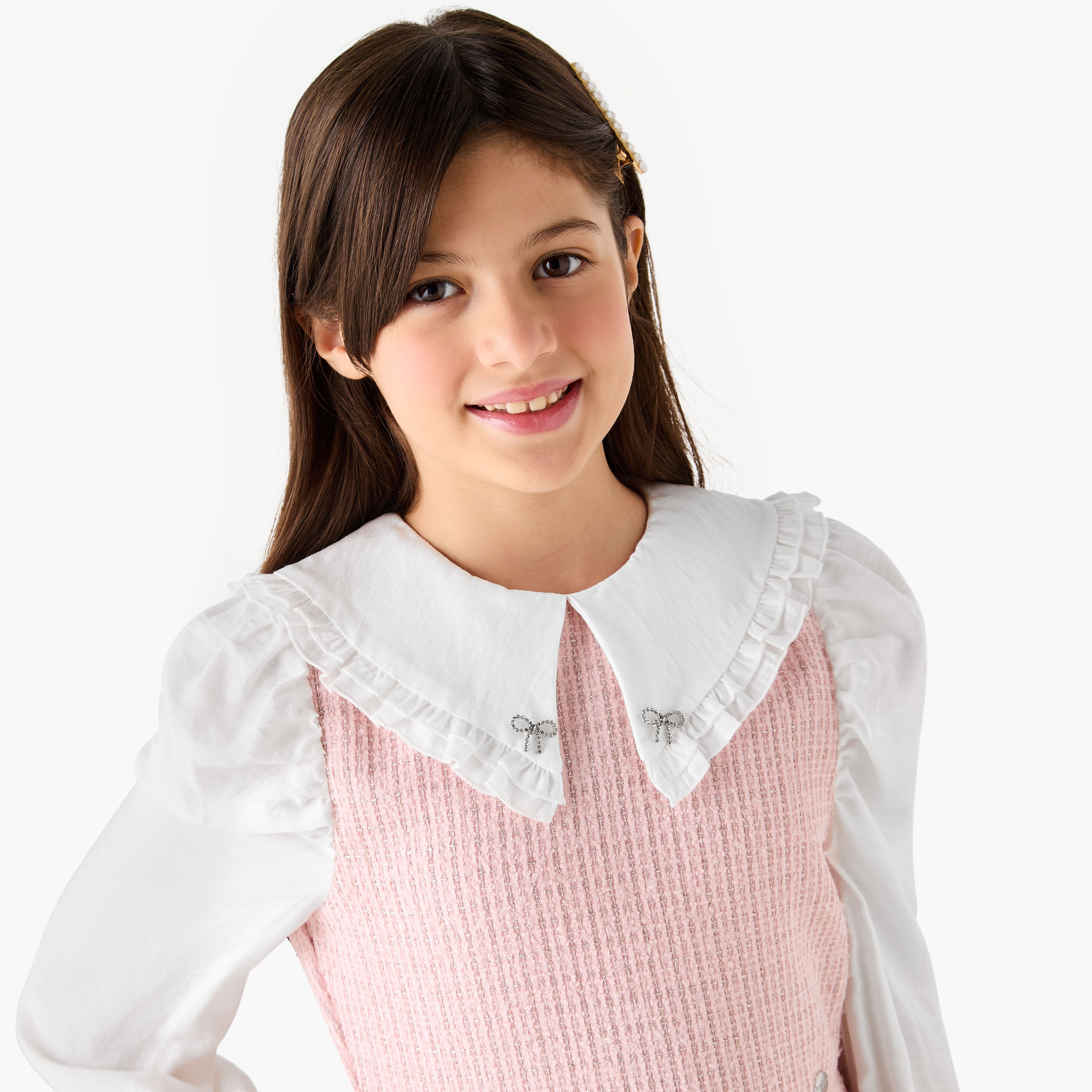 Eligo Textured Peter Pan Collar Dress with Long Sleeves-girls-clothing-winterwear-dresses-image-4