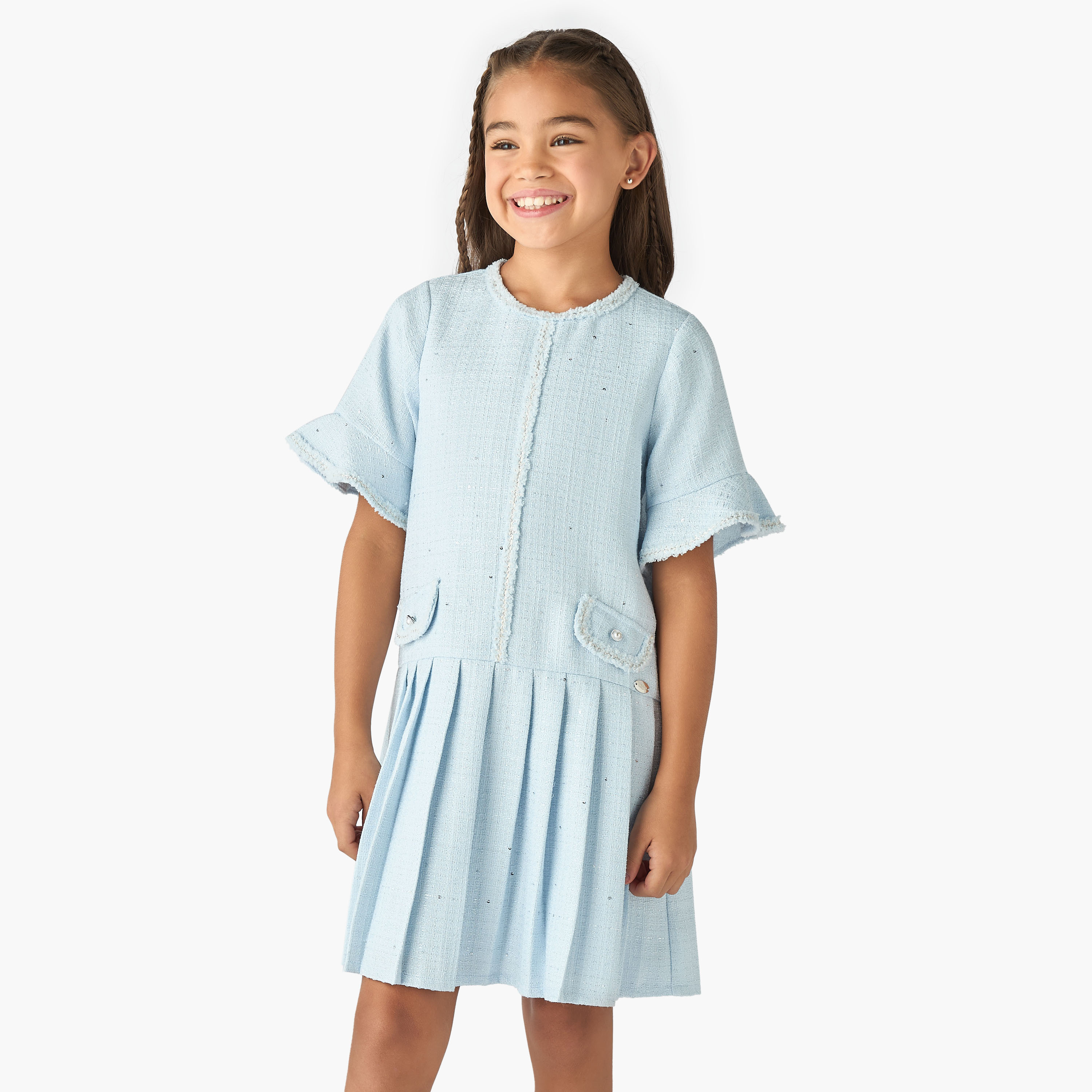 Eligo Solid Tweed Pleated Dress with Bell Sleeves-girls-clothing-dressesandjumpsuits-image-1