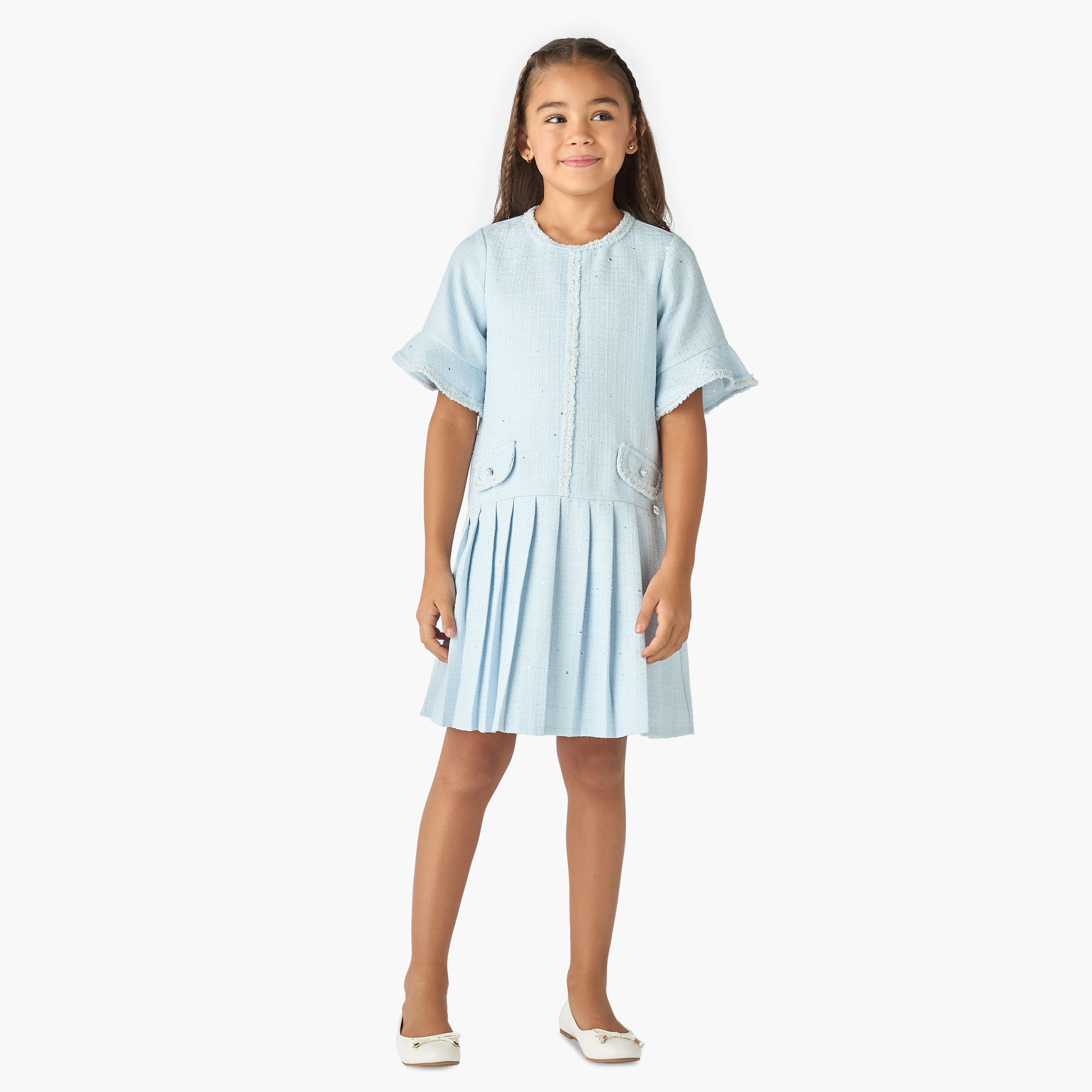 Eligo Solid Tweed Pleated Dress with Bell Sleeves-girls-clothing-dressesandjumpsuits-image-2