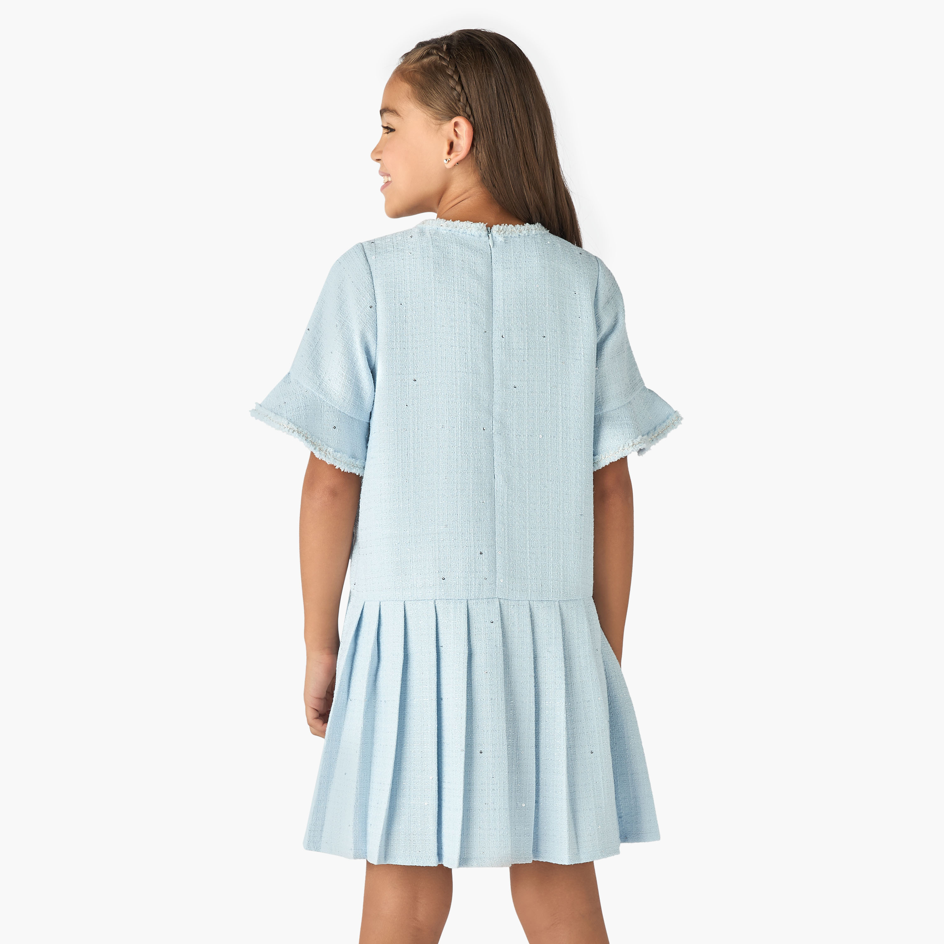 Eligo Solid Tweed Pleated Dress with Bell Sleeves-girls-clothing-dressesandjumpsuits-image-3