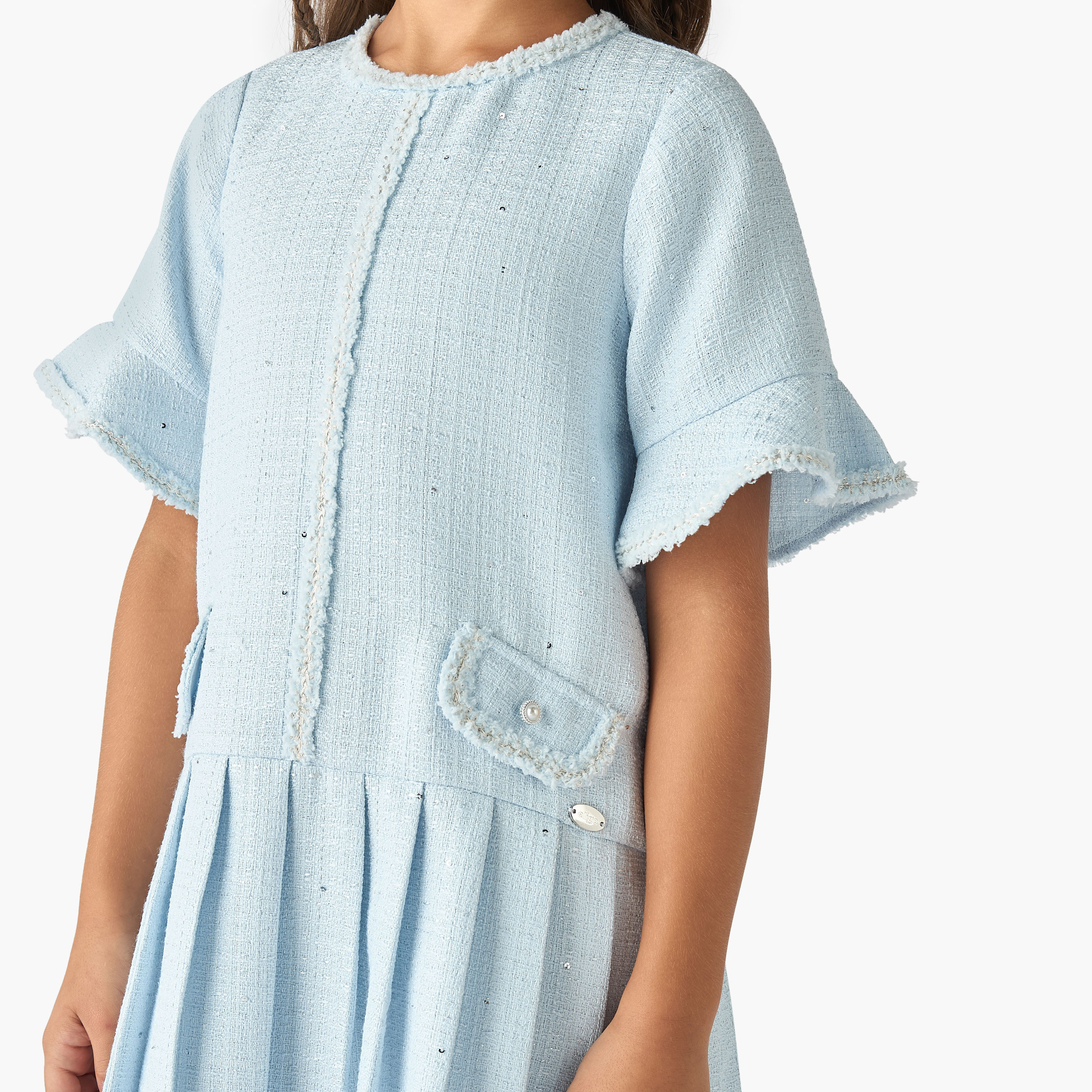 Eligo Solid Tweed Pleated Dress with Bell Sleeves-girls-clothing-dressesandjumpsuits-image-4