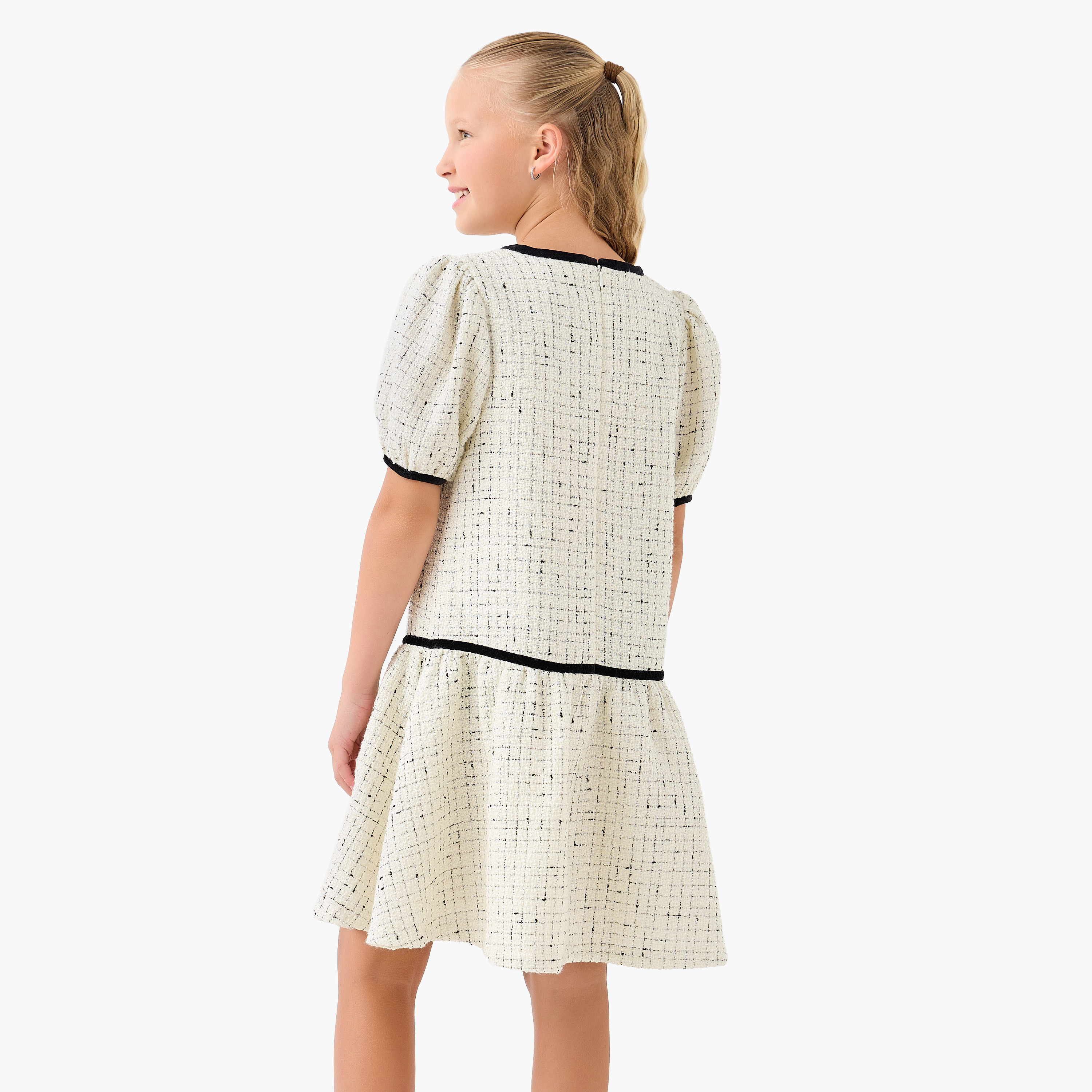 Eligo Round Neck Short Sleeves Knee Length Dress with Tweed Detail-girls-clothing-winterwear-dresses-image-3