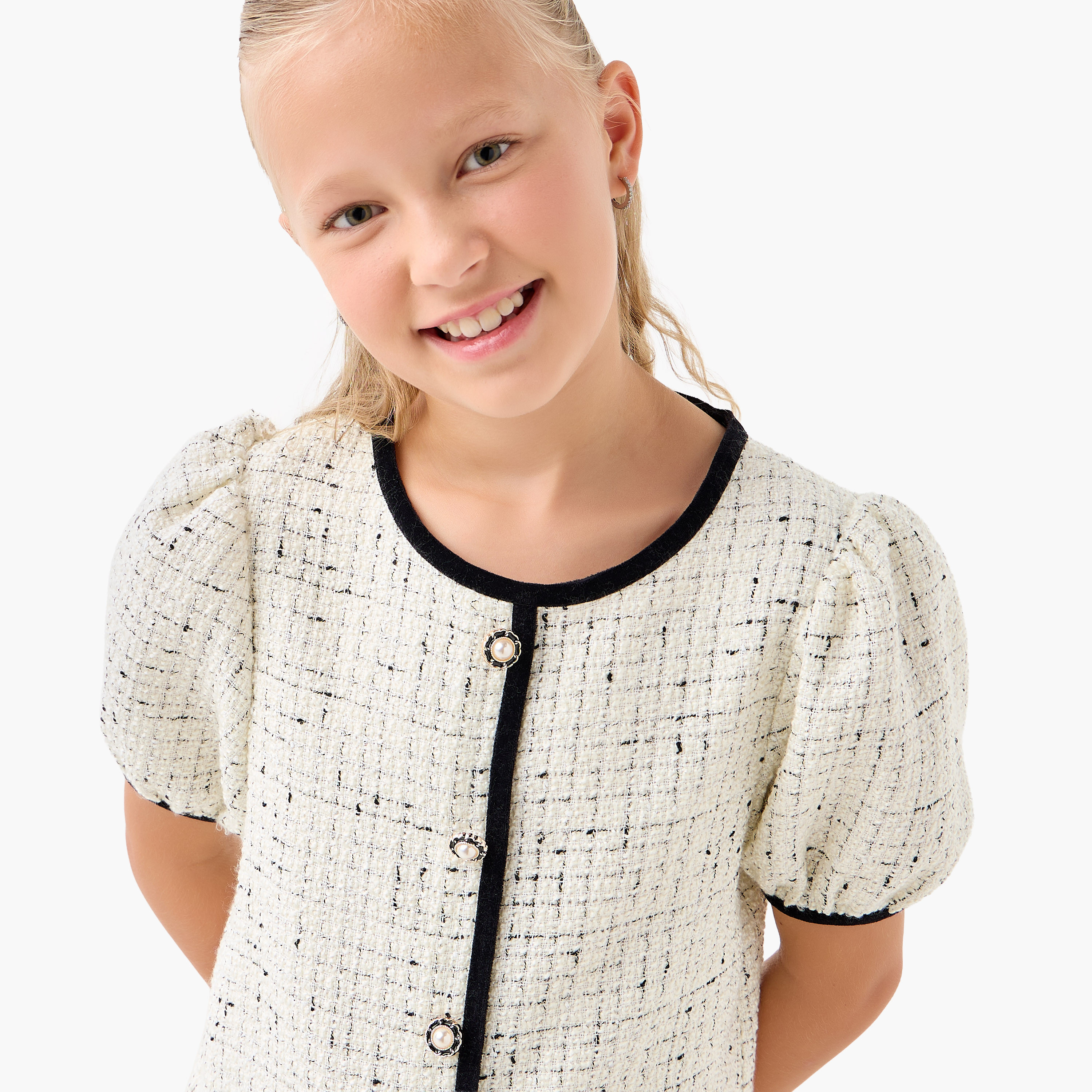 Eligo Round Neck Short Sleeves Knee Length Dress with Tweed Detail-girls-clothing-winterwear-dresses-image-4