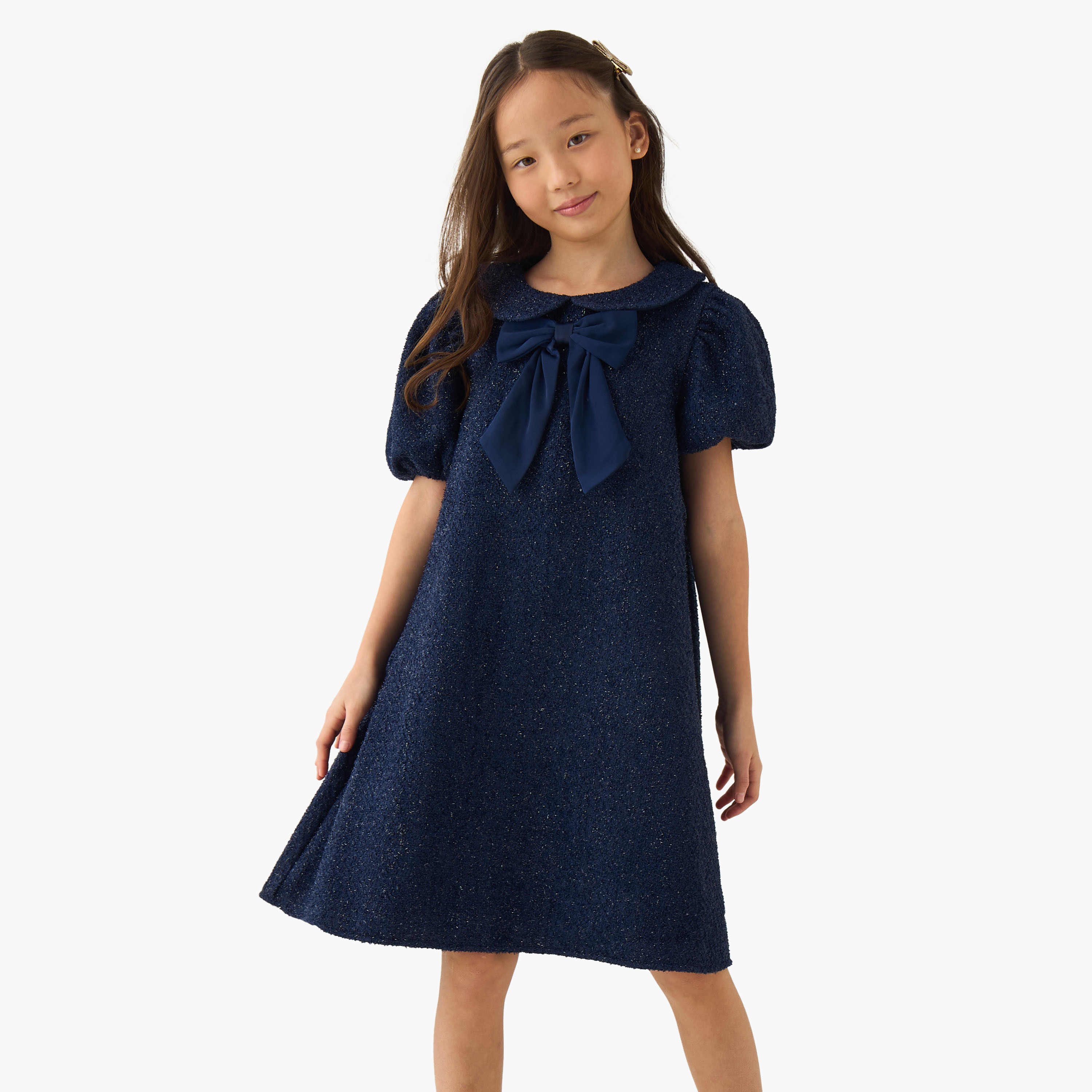 فستان بطول الركبة وياقة عادية وأكمام قصيرة وتفاصيل فيونكة من إليجو-girls-clothing-dressesandjumpsuits-image-1