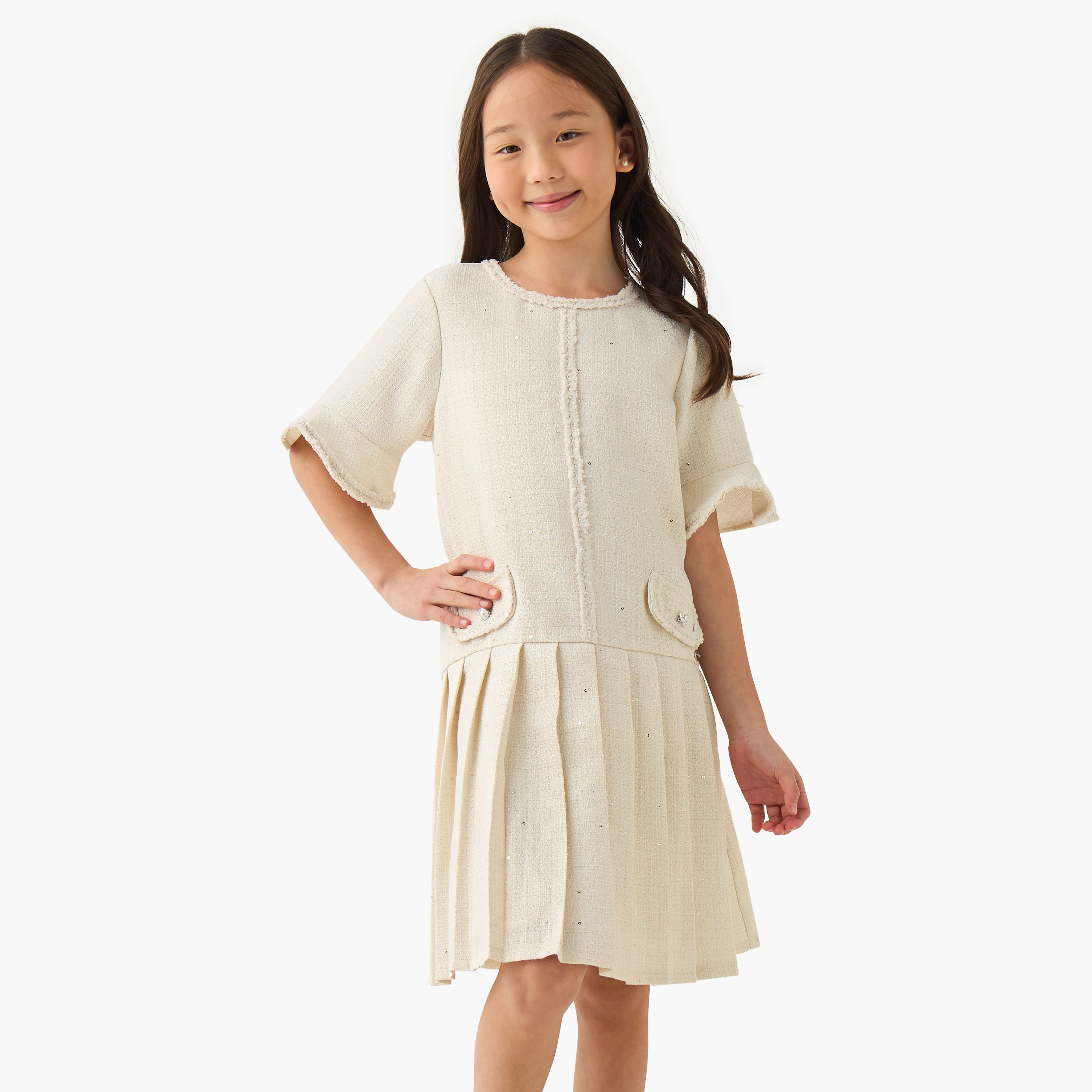 Eligo Round Neck Short Sleeves Knee Length Dress with Pleats-girls-clothing-dressesandjumpsuits-image-1