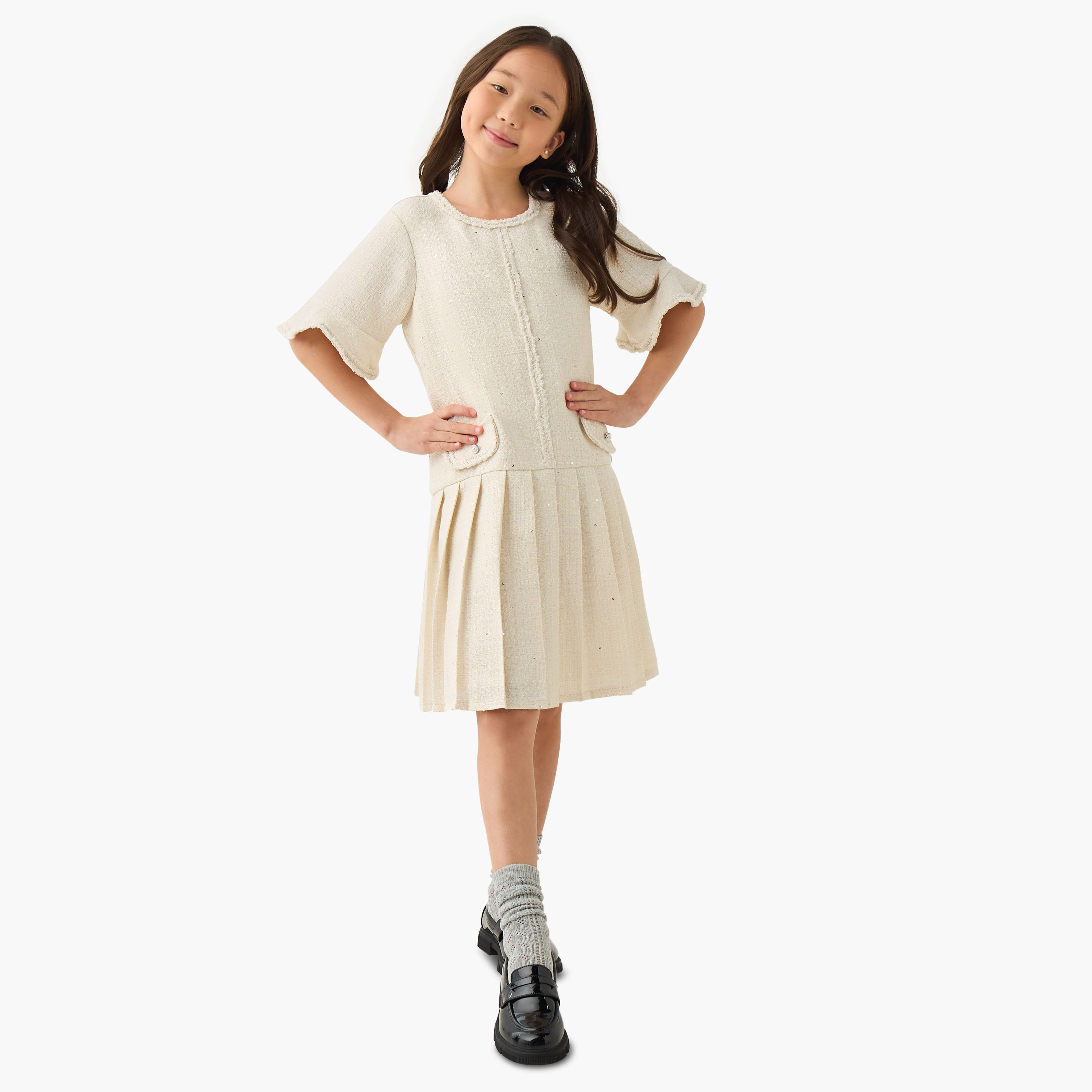 Eligo Round Neck Short Sleeves Knee Length Dress with Pleats-girls-clothing-dressesandjumpsuits-image-2