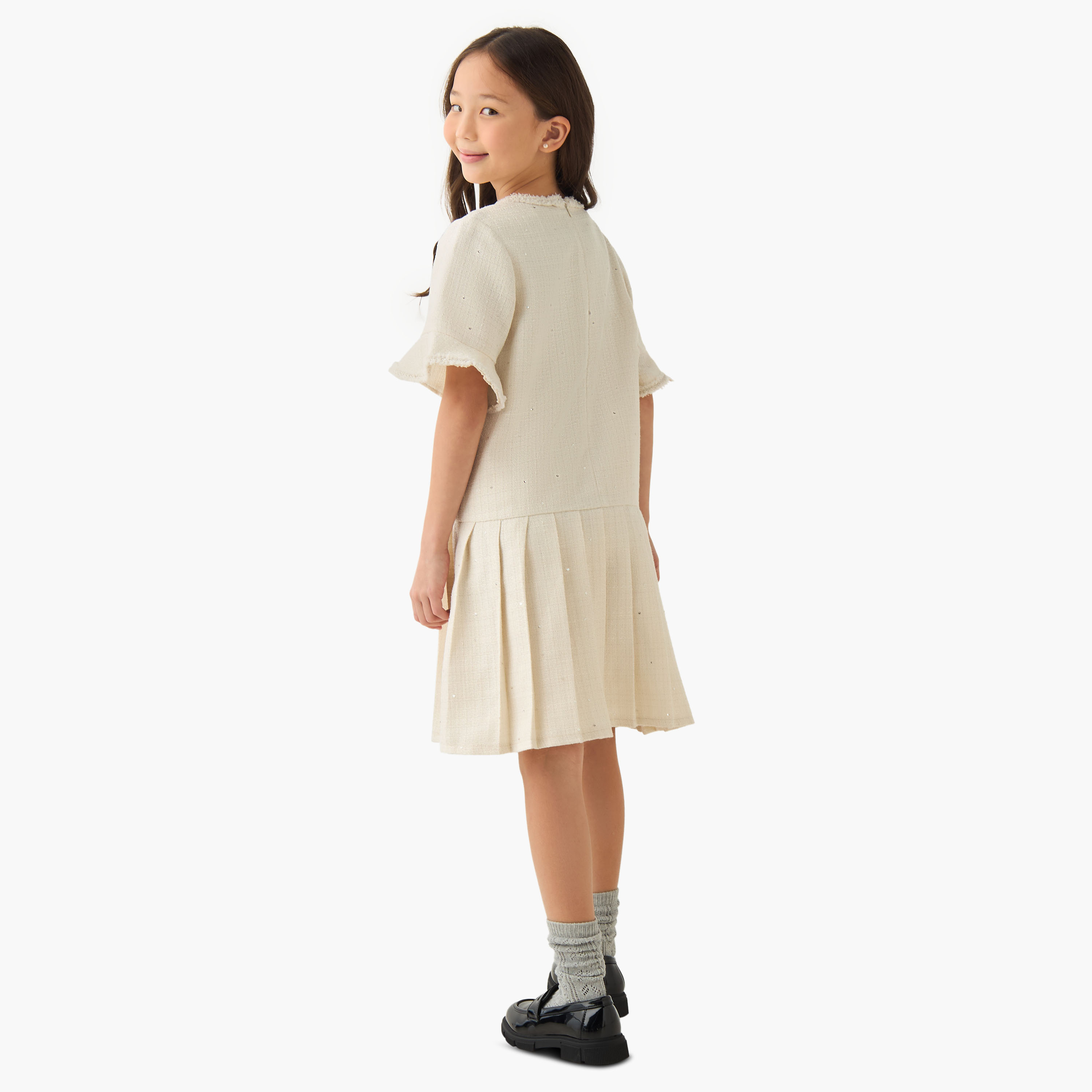 Eligo Round Neck Short Sleeves Knee Length Dress with Pleats-girls-clothing-dressesandjumpsuits-image-3