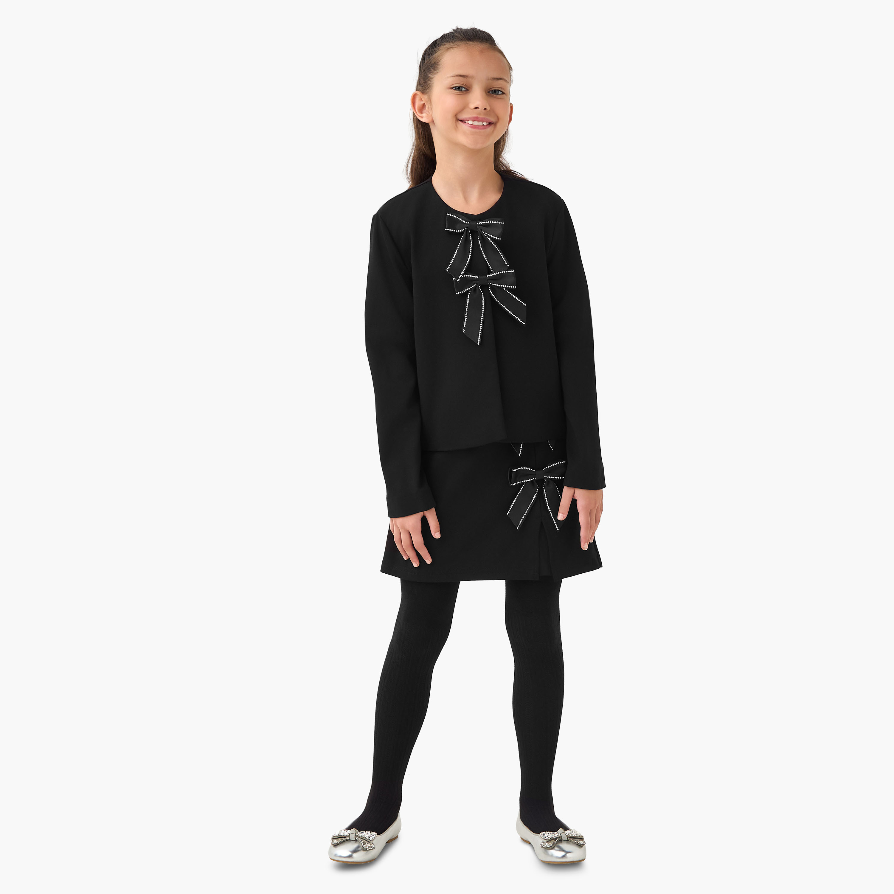 Eligo Round Neck Long Sleeves Top and Skirt Set with Bow Accent-girls-clothing-setsandcoords-image-1