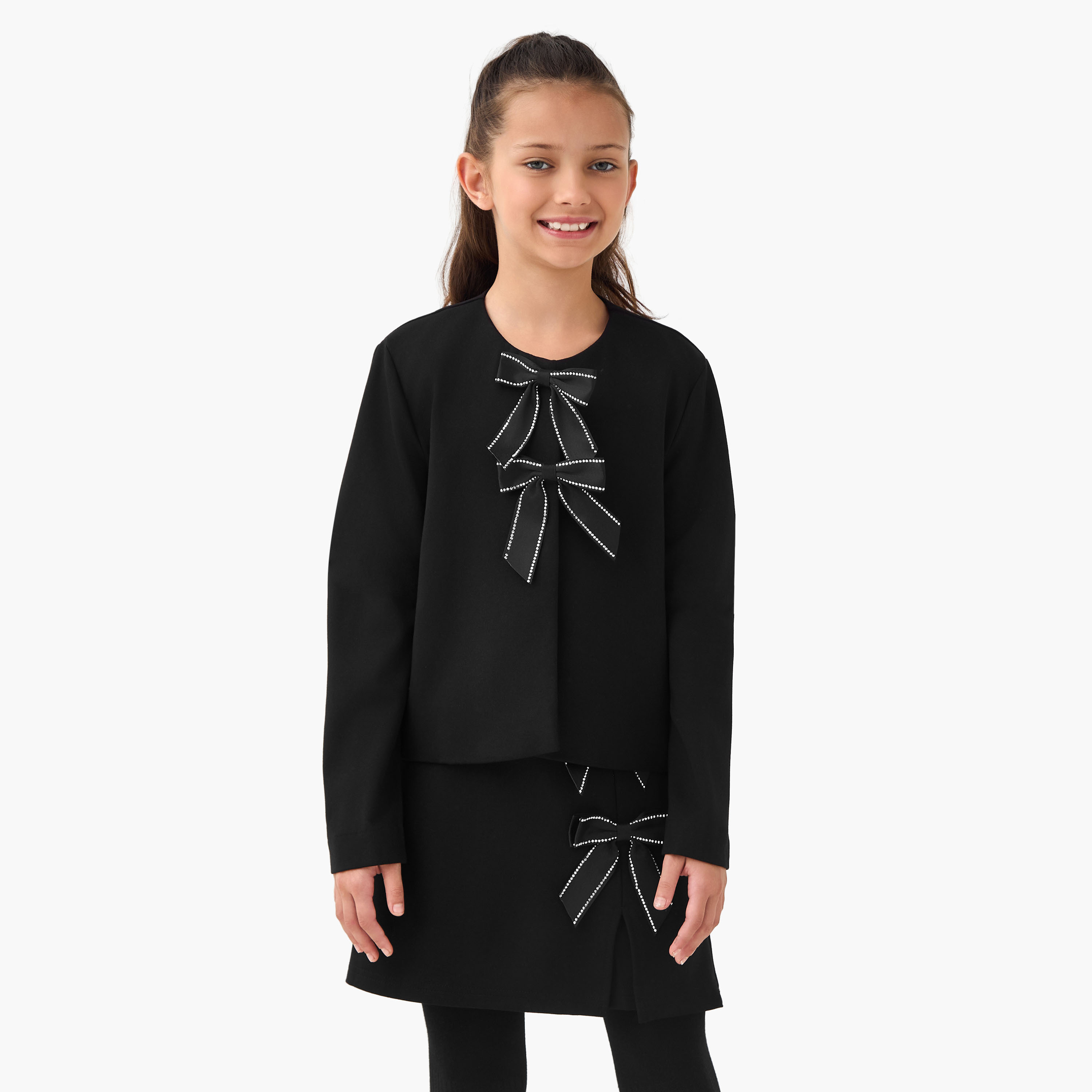 Eligo Round Neck Long Sleeves Top and Skirt Set with Bow Accent-girls-clothing-setsandcoords-image-2