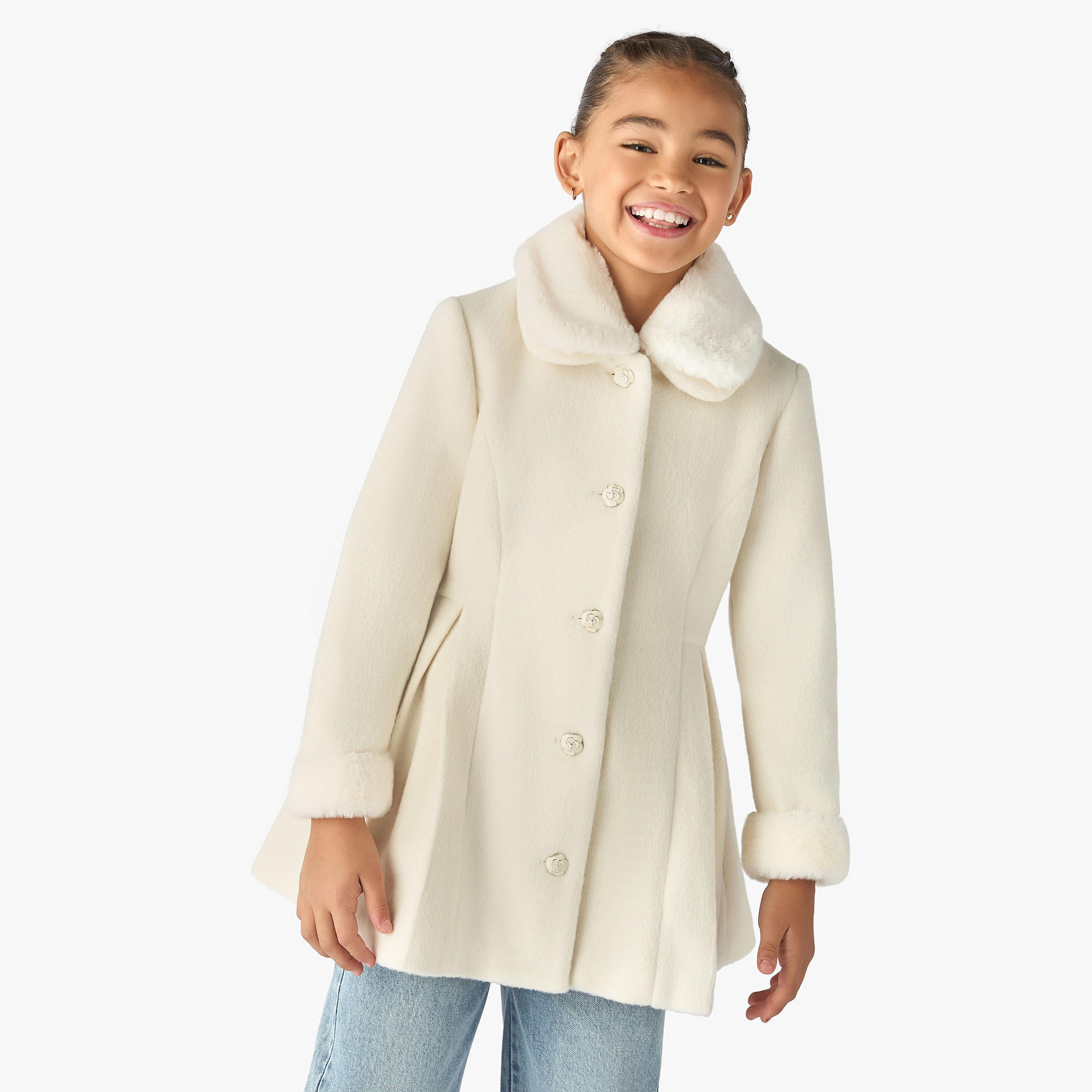 معطف سادة من الفرو الصناعي بياقة عادية من إليجو-girls-clothing-winterwear-jacketsandcoats-image-5