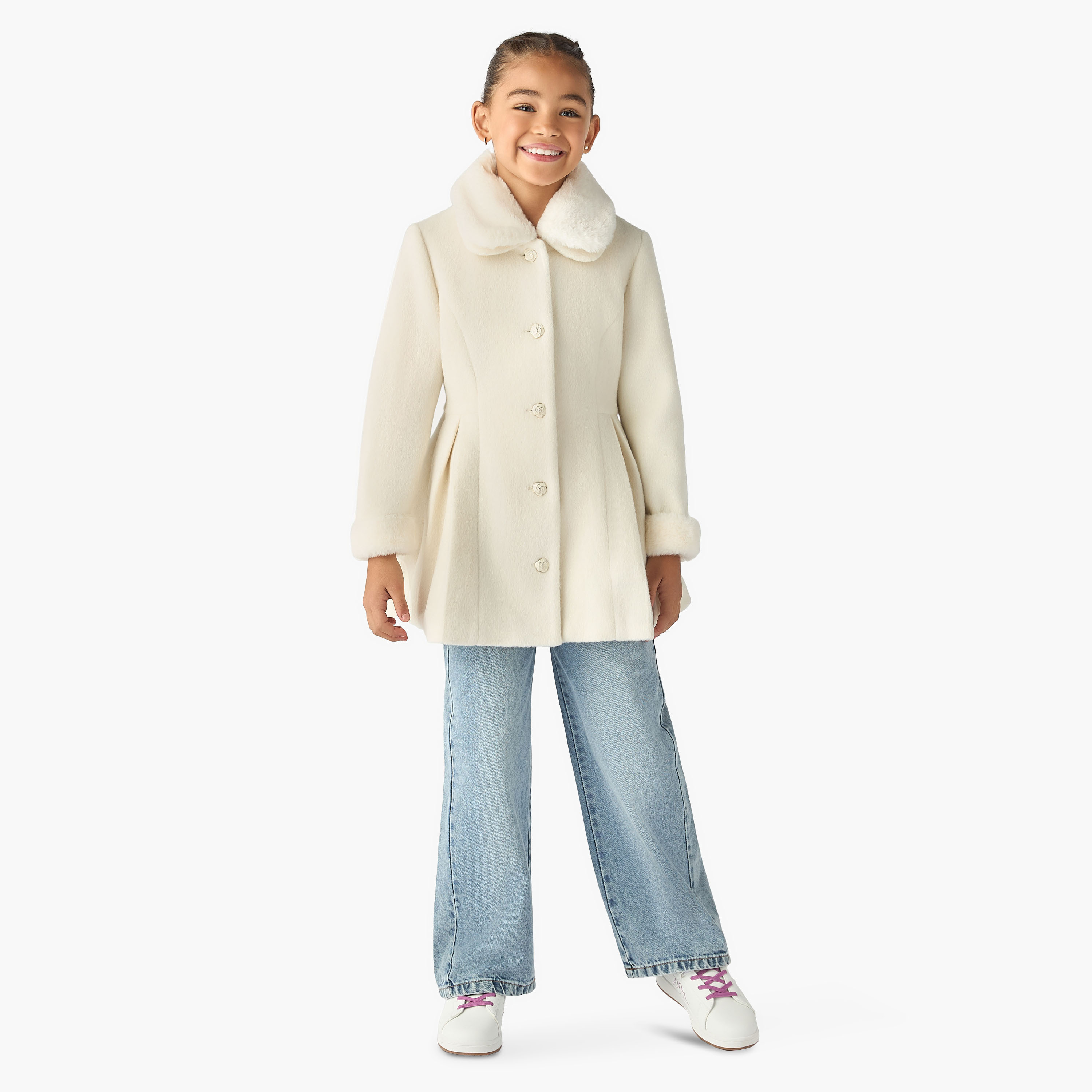 معطف سادة من الفرو الصناعي بياقة عادية من إليجو-girls-clothing-winterwear-jacketsandcoats-image-4