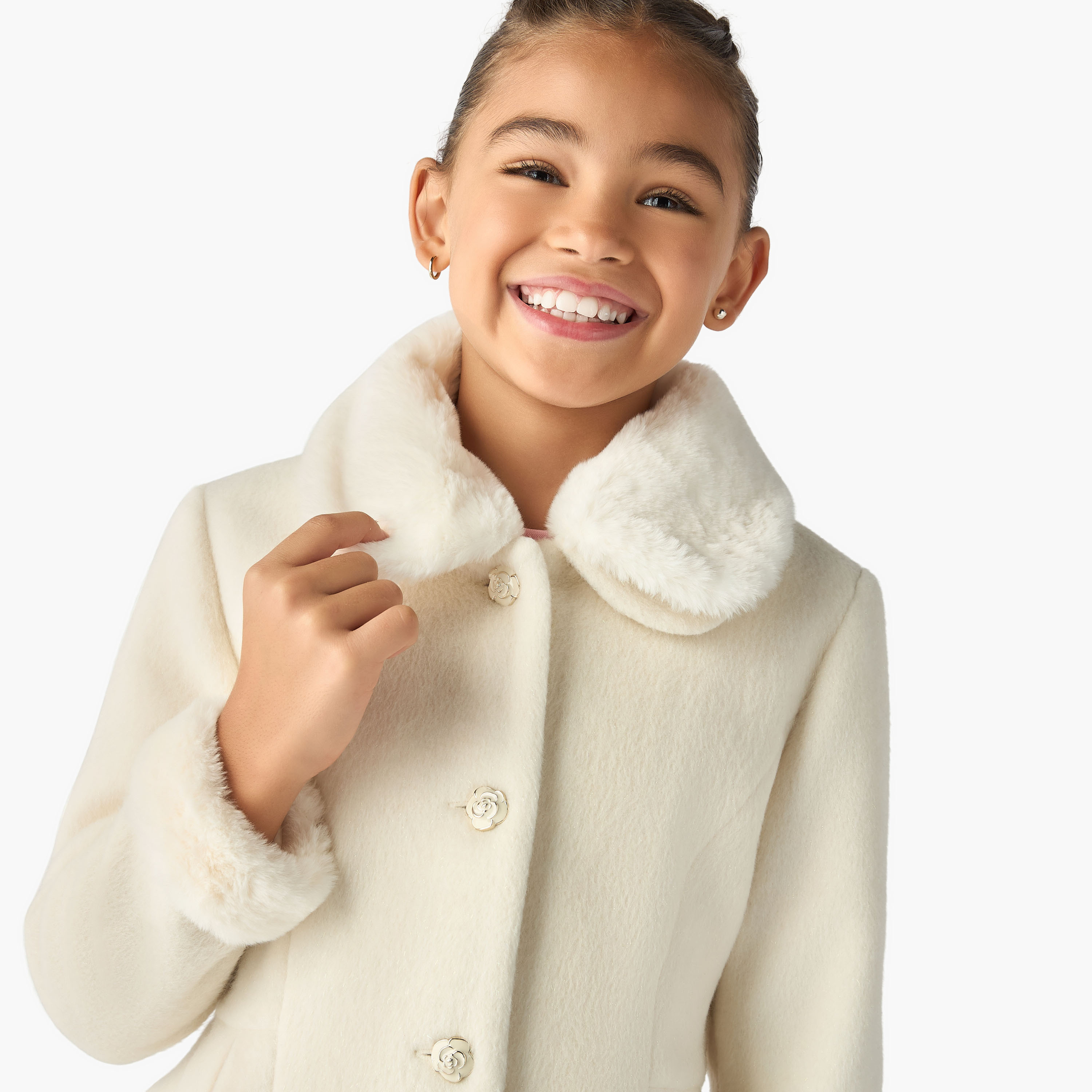 معطف سادة من الفرو الصناعي بياقة عادية من إليجو-girls-clothing-jacketsandcoats-image-4