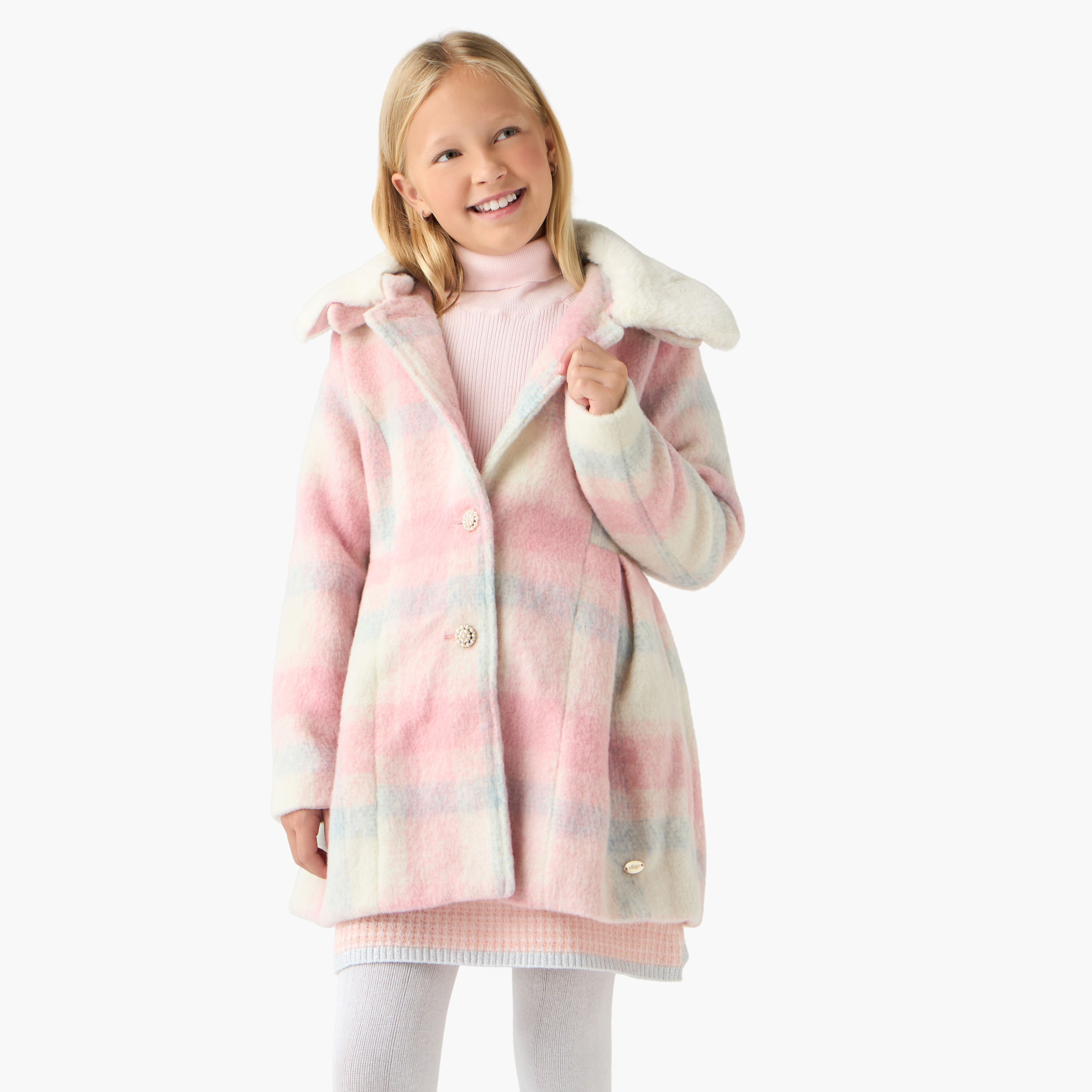 Eligo Checked Coat with Long Sleeves-girls-clothing-winterwear-jacketsandcoats-image-1