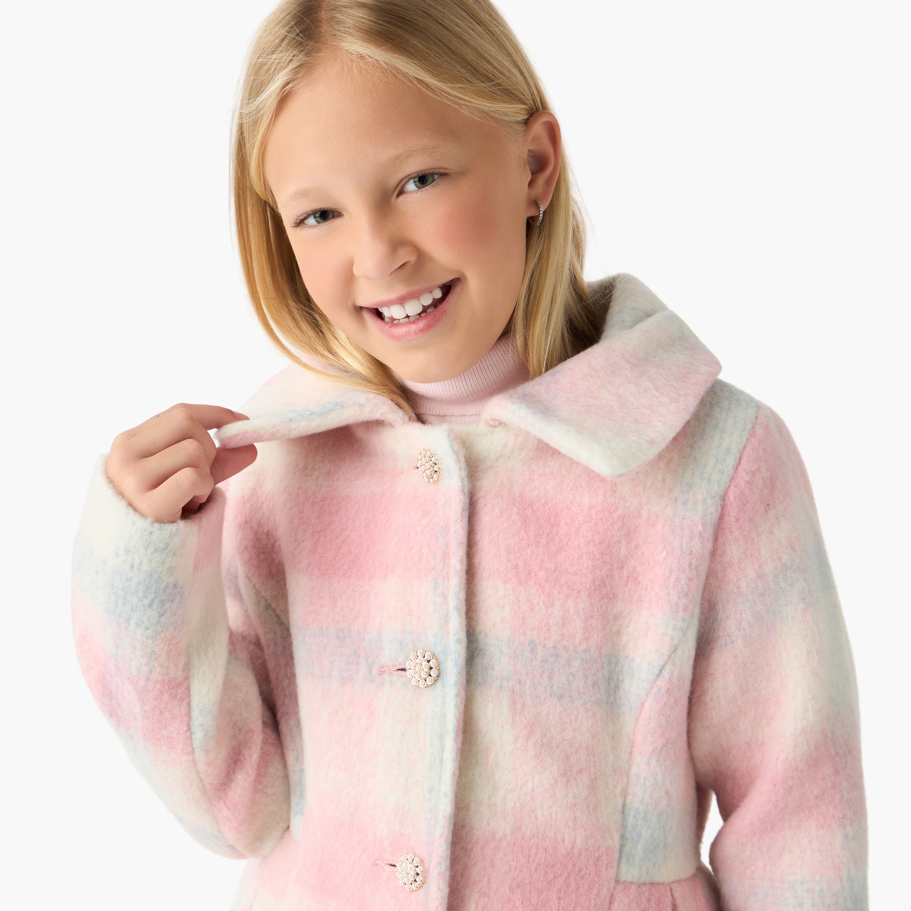 Eligo Checked Coat with Long Sleeves-girls-clothing-winterwear-jacketsandcoats-image-5