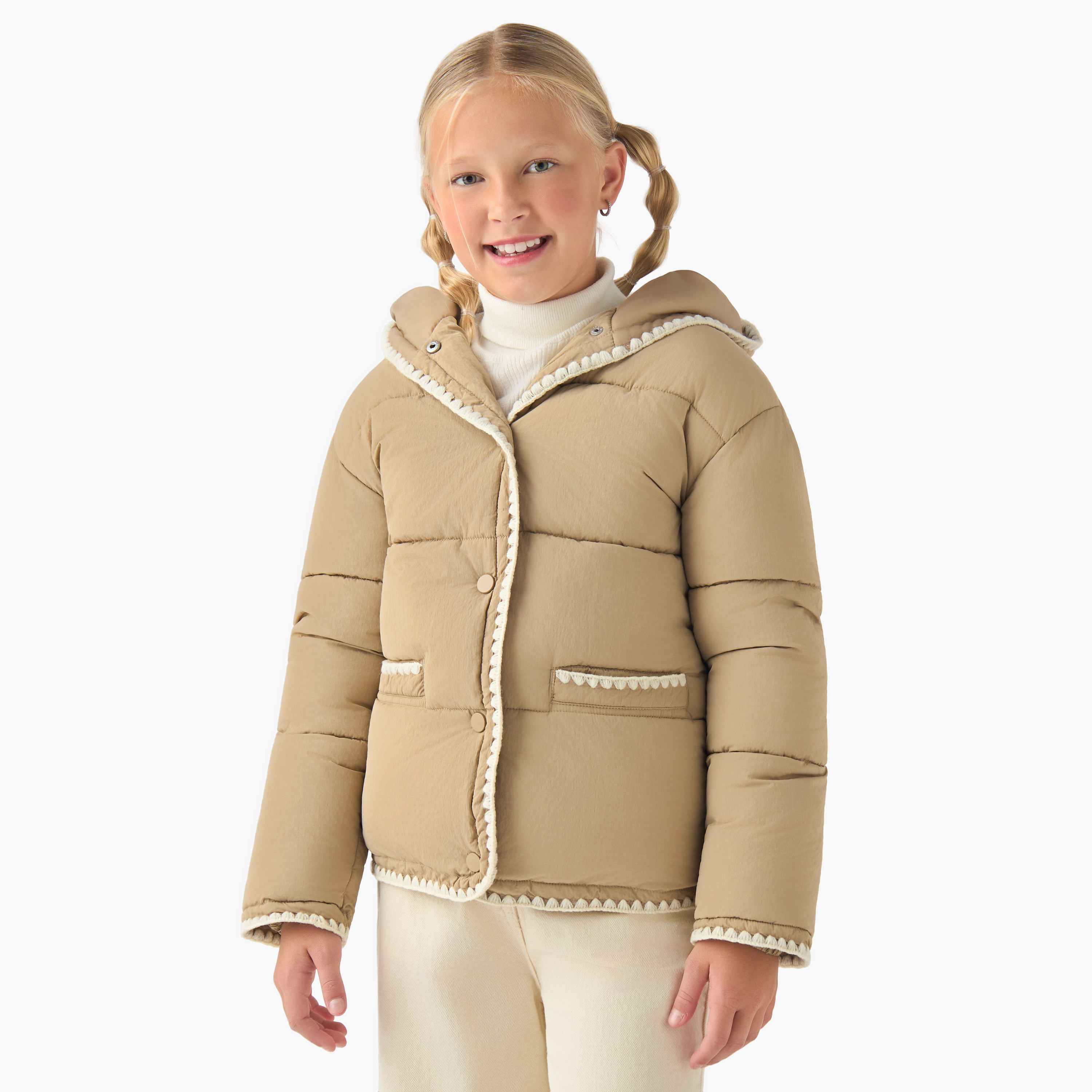 جاكيت ثقيل منفوخ بقبعة وأزرار إغلاق وحواف صدفية من إليجو-girls-clothing-jacketsandcoats-image-5